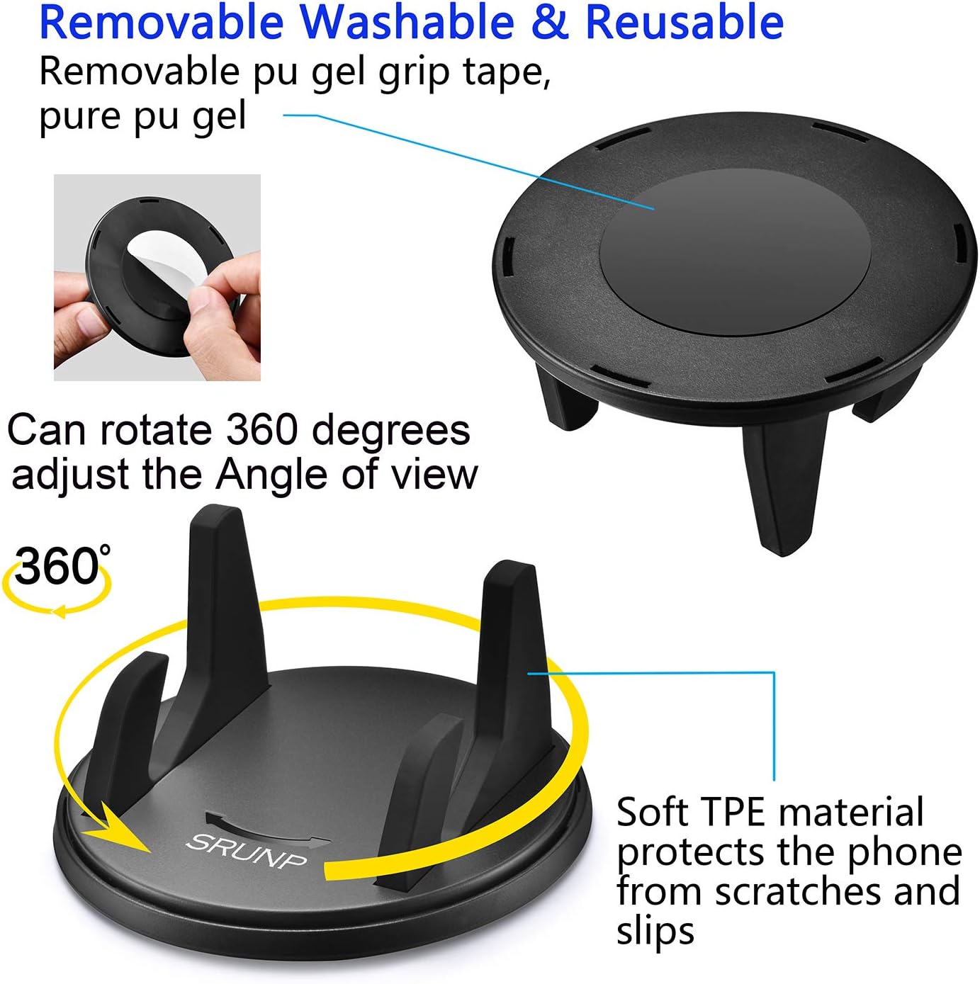 SRUNP Car Phone Mount with Three-Point Support for Car Dashboard, 360 Degree Rotatable Washable Cell Phone Holder for Car Compatible Smartphones and GPS Devices - Image 4