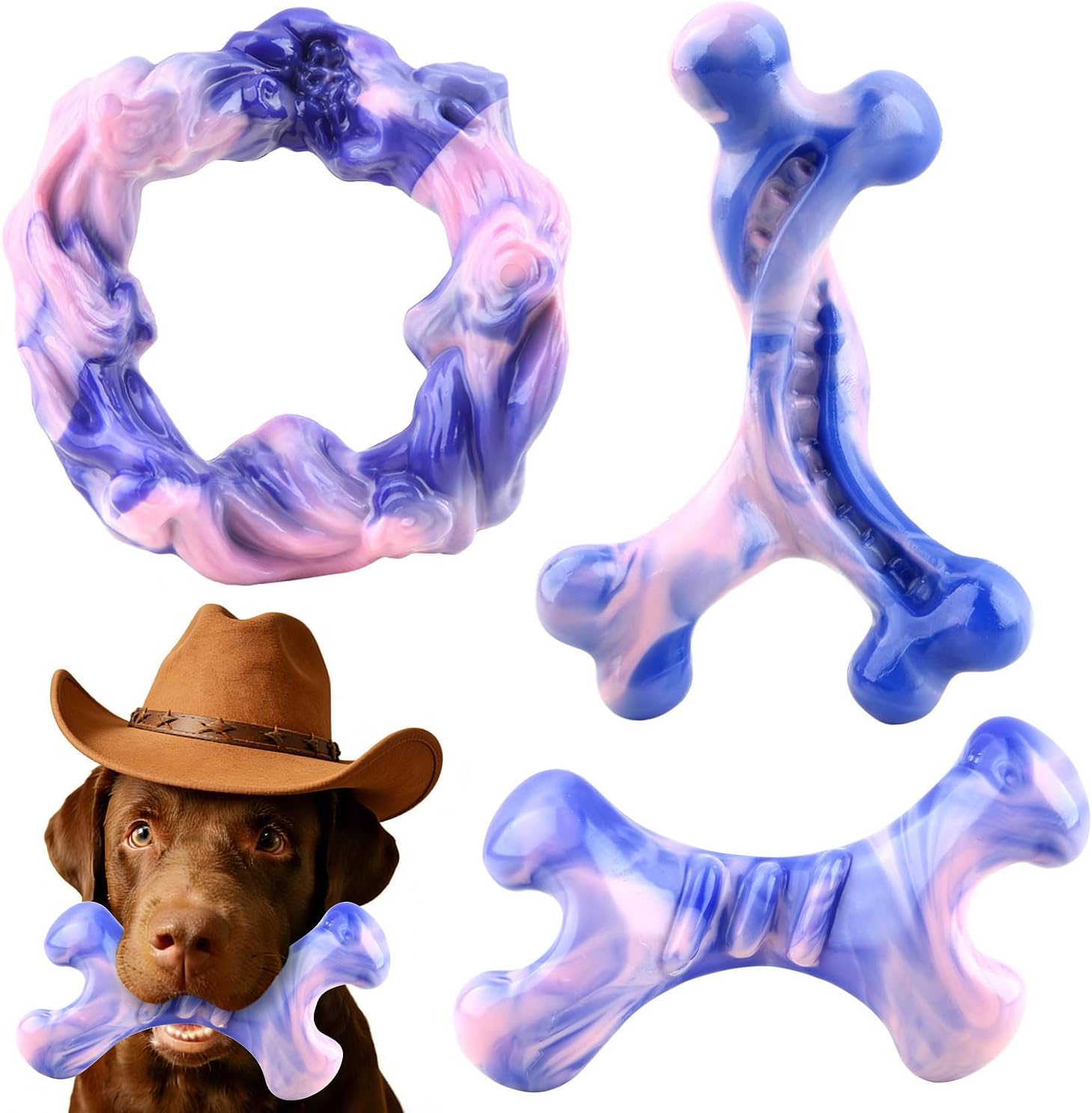 Rensh 3-Pack Tough Dog Chew Toys for Aggressive Chewers, Almost Indestructible Dog Toys for Medium Large Breed, Super Chew Toy to Keep Them Busy & Reduce Boredom, Teeth Cleaning Training, Milk Flavor