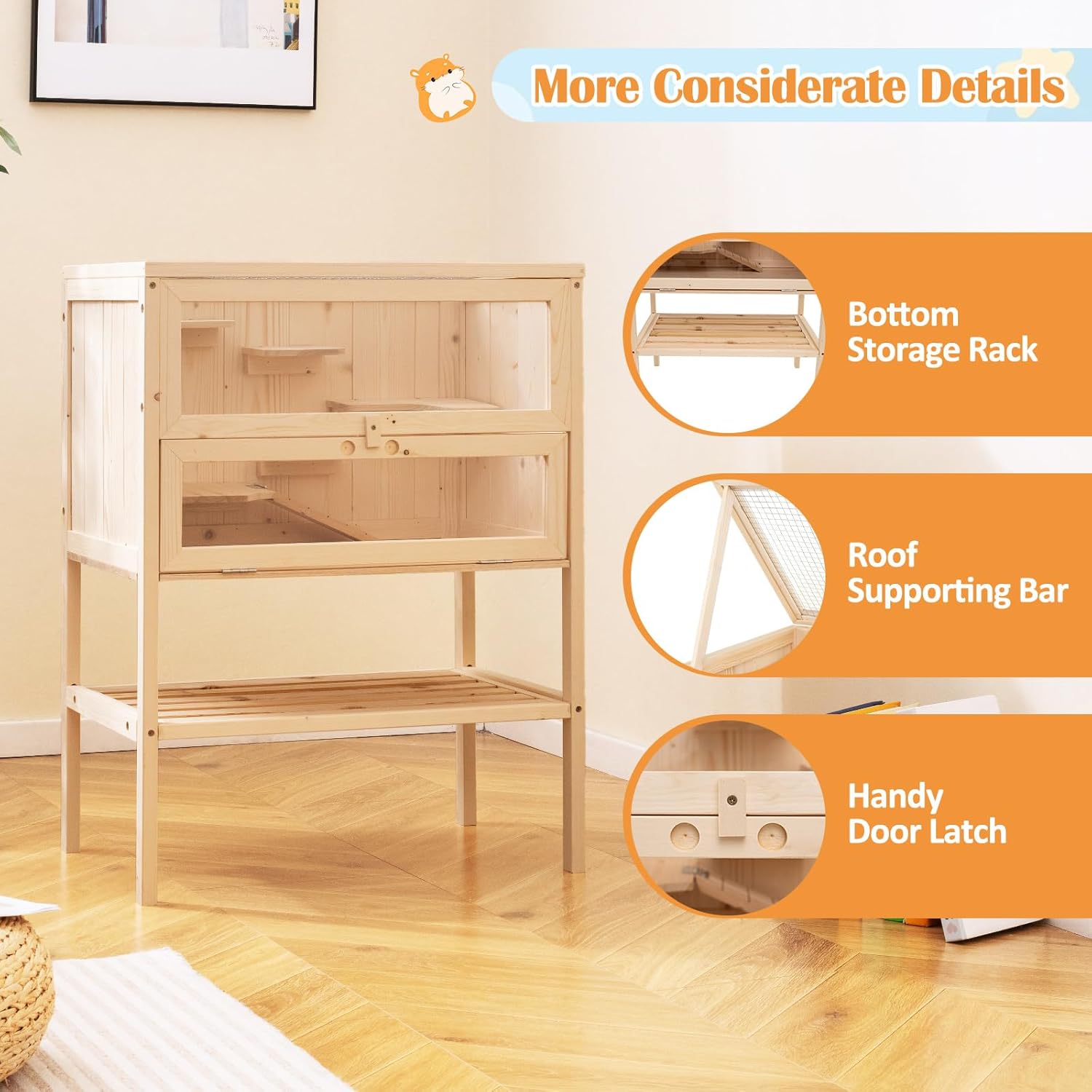 PETSITE 31.5 Inches Freestanding Wooden Hamster Cage, Chew-Proof 2-Layer Hamster House with Full Transparent Viewing, Flip-Top Roof, and Storage Shelf, Ideal for Dwarf Hamster and Gerbils - Image 7