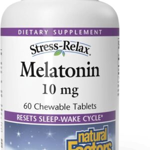Stress-Relax Melatonin 10 mg by Natural Factors, Natural Sleep Aid, Resets the Sleep-Wake Cycle, 60 chewable tablets (60 servings), Peppermint Flavor