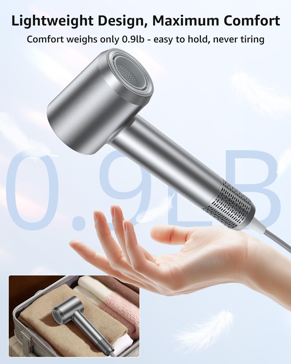 Hair Dryer, 160000 RPM High-Speed Ionic Blow Dryer Portable Professional Lightweight Hair Dryers with 200 Million Negative Ions, Fast-Drying, Quiet Hair Dryer with Nozzle for Travel, Home, Salon(HF03) - Image 7
