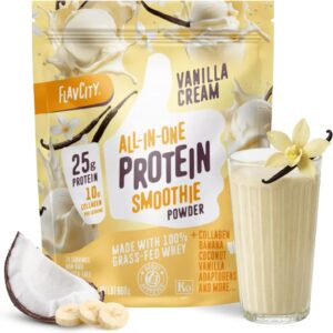 FlavCity Vanilla All in One Protein Shake Powder – On the Go Meal Alternative + Collagen Peptides, Reishi & Cordyceps – Focus, Skin, Hair & Joint Support – 100% Grass Fed Whey, 20 Servings