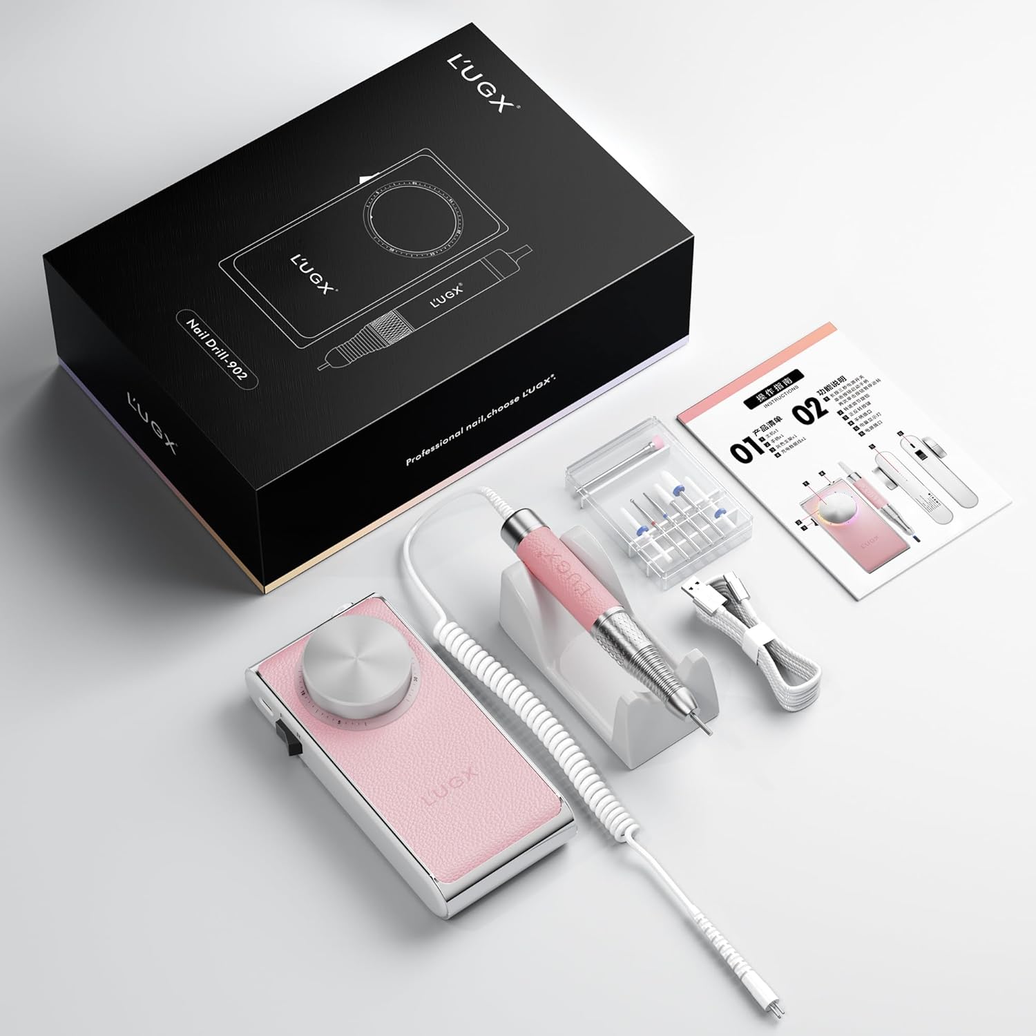 L'UGX Professional Nail Drill 30000RPM, Cordless Rechargeable Electric Nail File for Acrylic Nails Gel Polishing, Efile Nail Kit for Manicure Pedicure, Low Noise Low Vibration, 7Pcs Drill Bits, Pink - Image 9