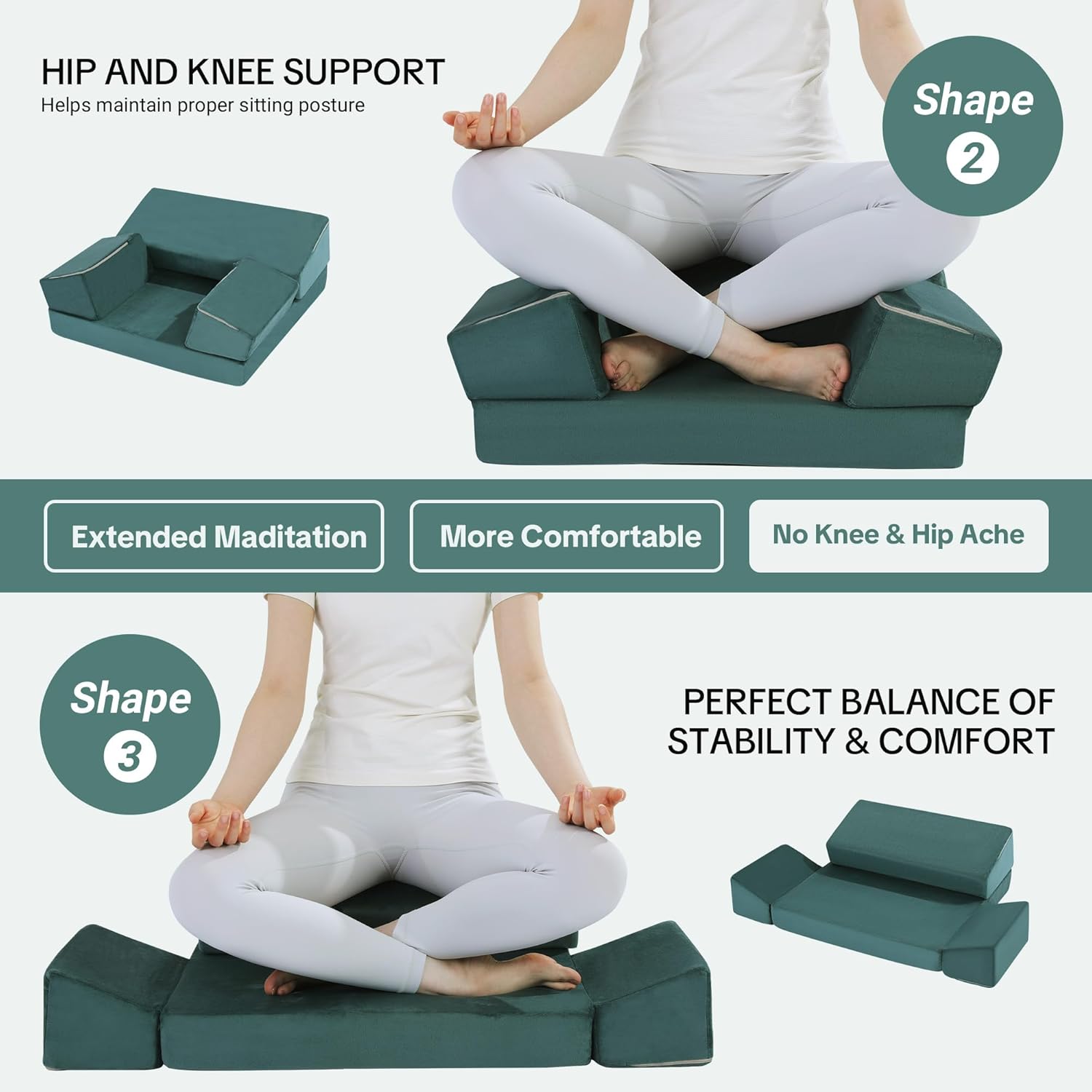 HOMBYS Large Meditation Cushion Foam Meditation Pillows for Sitting on Floor, Yoga Pillow for Adult, Meditation Mat with 2 Knee Cushions and Hip Support-3 Shapes for Different People - Image 4