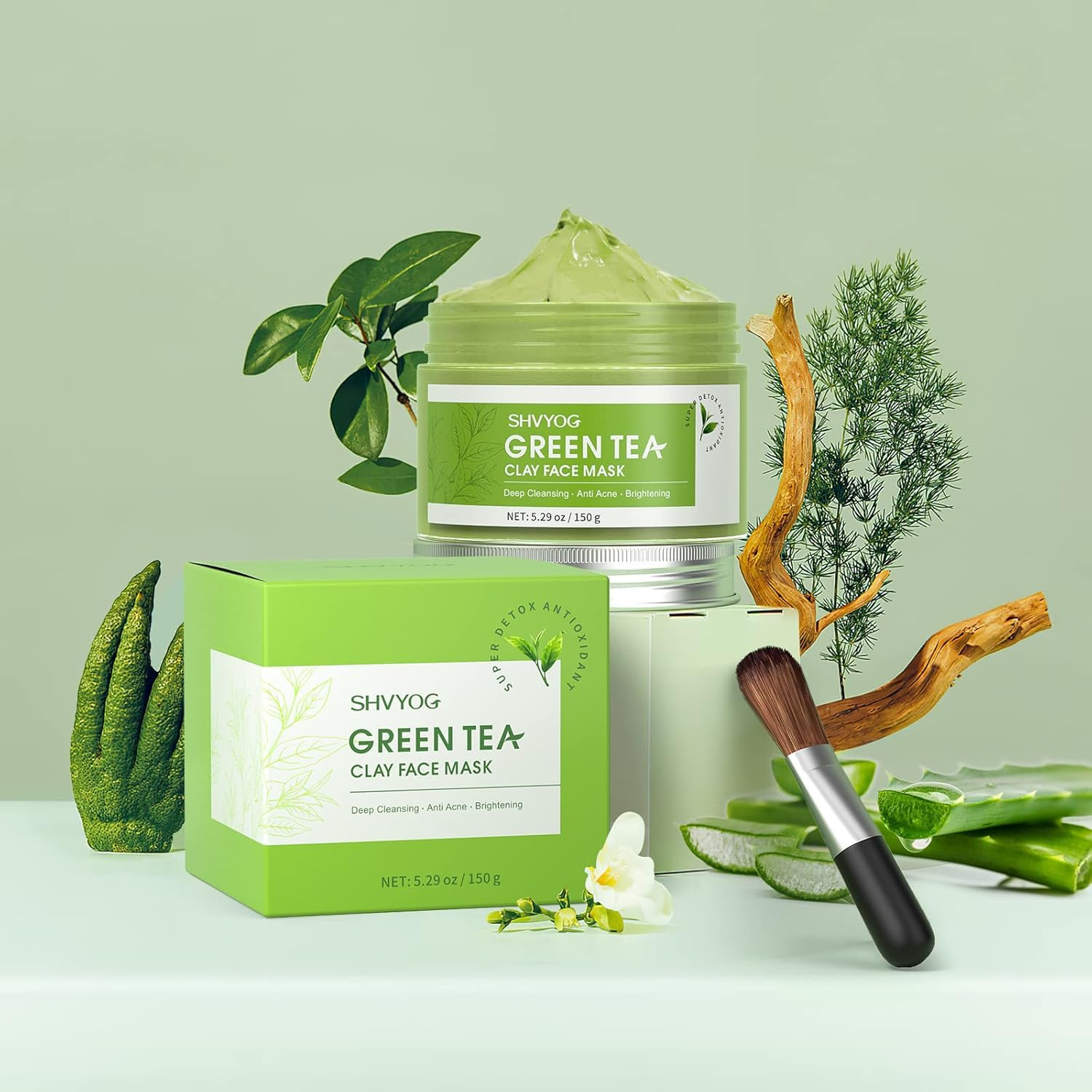 SHVYOG Green Tea Face Mask, Antioxidant Green Tea Clay Mask with Volcanic Mud, Deep Cleansing & Moisturizing & Hydrating Clay Facial Mask for Pores, Blackheads, Wrinkles, Dirts - Image 7