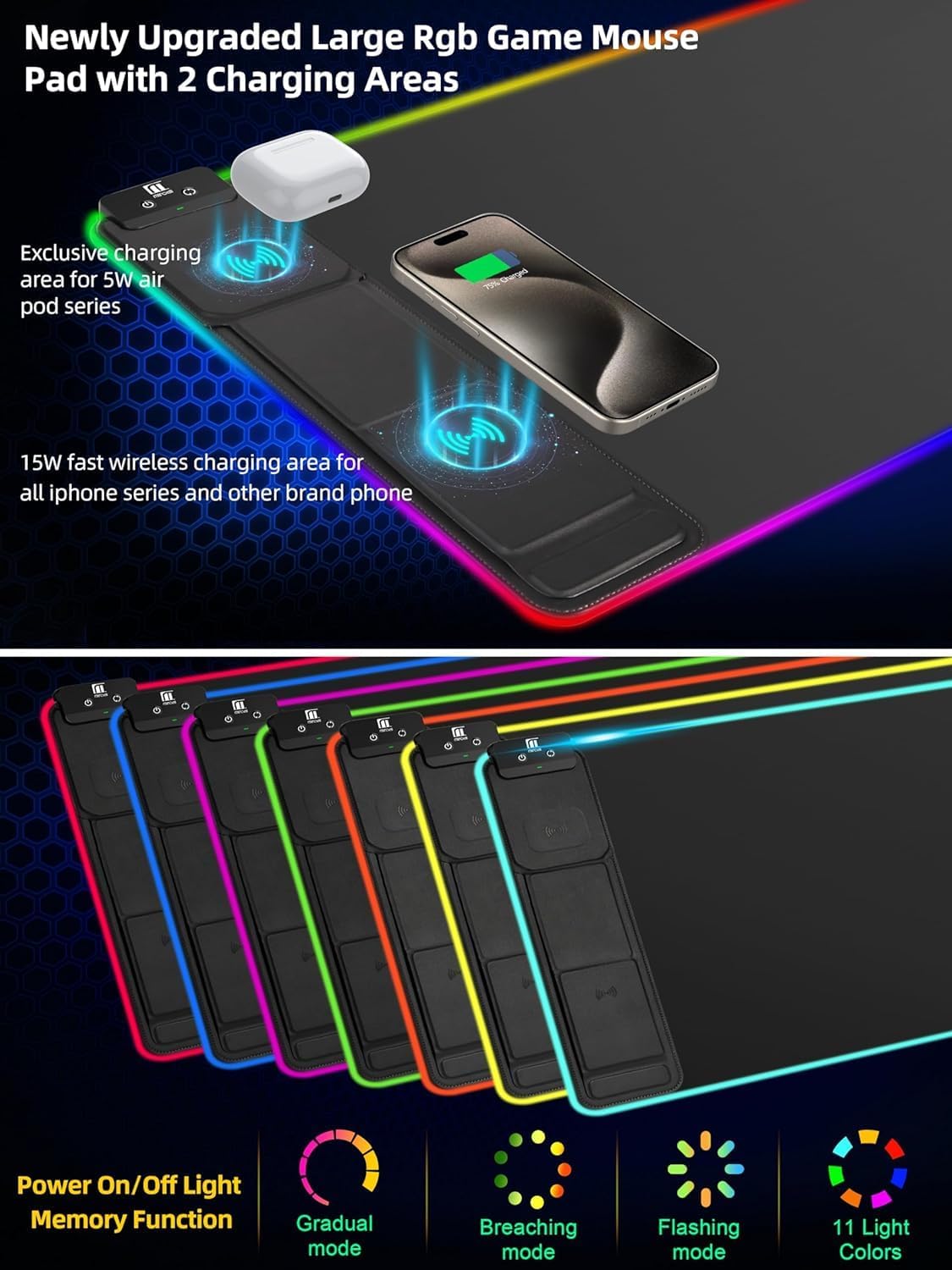 XXL Mouse Pad with Phone Holder - Black, RGB Desk Mat with 15W Fast Charging, LED Gaming Mousepad with 11 Light Colors, Waterproof Non-Slip Pad for Office & Home - Image 2