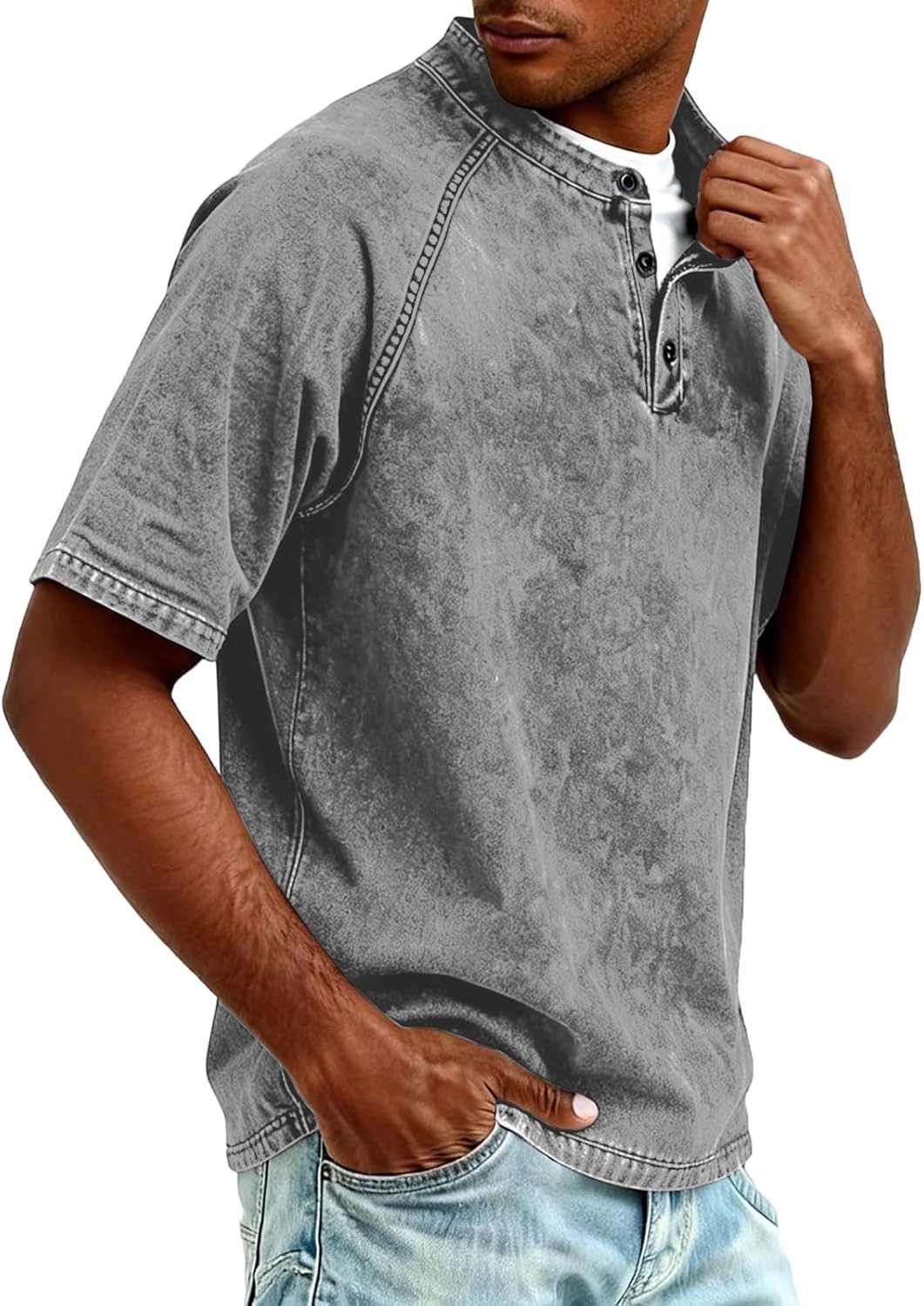 Distressed Henley Shirts for Men Short Sleeve Washed T Shirts Vintage Relaxed Fit Retro Wash Tshirt - Image 3