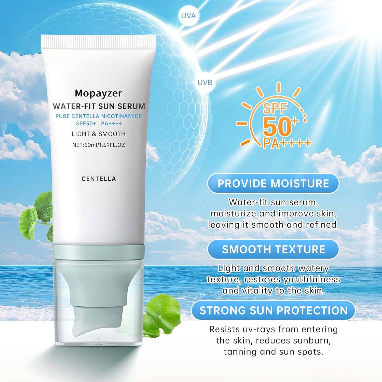 Centella Sunscreen SPF 50, Hyalu Cica Sunscreen for Face, Water Resistant Strong UV Protection No White Cast, Madagascar Face Sun Screen Oil Free, Water Fit Sun Serum(Blue 1) - Image 2