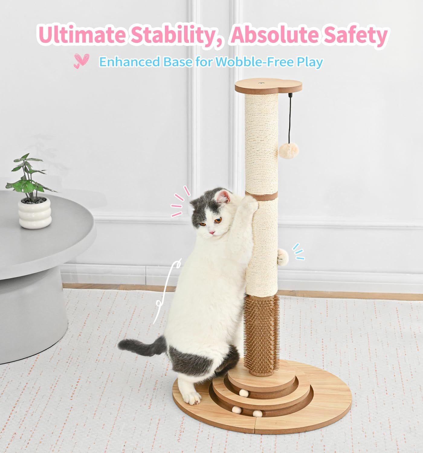 Made4Pets Cat Scratching Post Premium Sisal Cat Scratcher Kitten Toys for Indoor Kittens 33.6" Tall Cat Tower Scratch Post Cat Tree Wooden Interactive Ball Track Cat Toy with Hanging Ball, Beige - Image 5