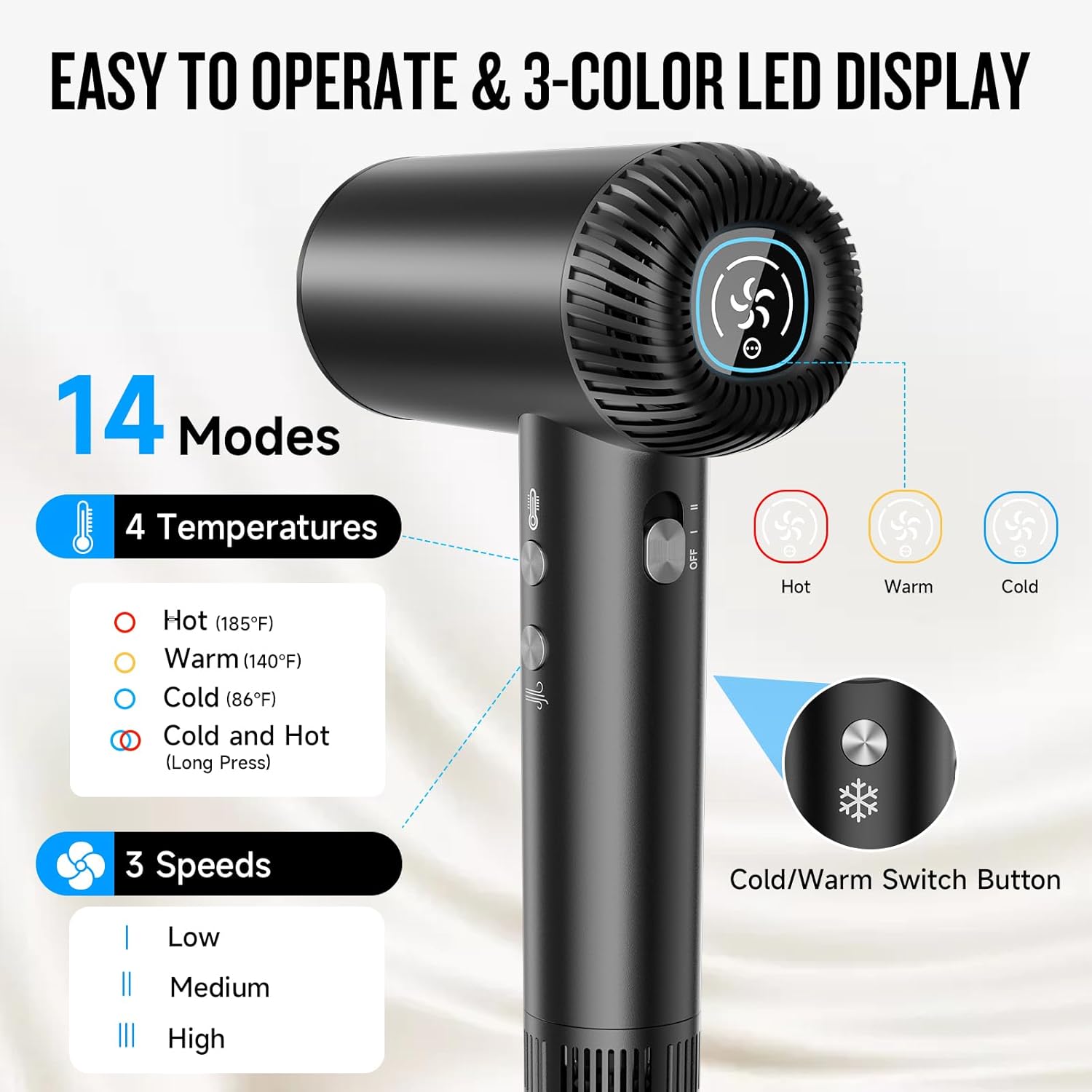 2026 Hair Dryer, 200,000 RPM Professional High Speed Blow Dryer with Diffuser for Women, 1200M Negative Ionic Hair Dryer with Brushless Motor, Low Noise Hair Blow Dryer for Home Travel Salon, Black - Image 5