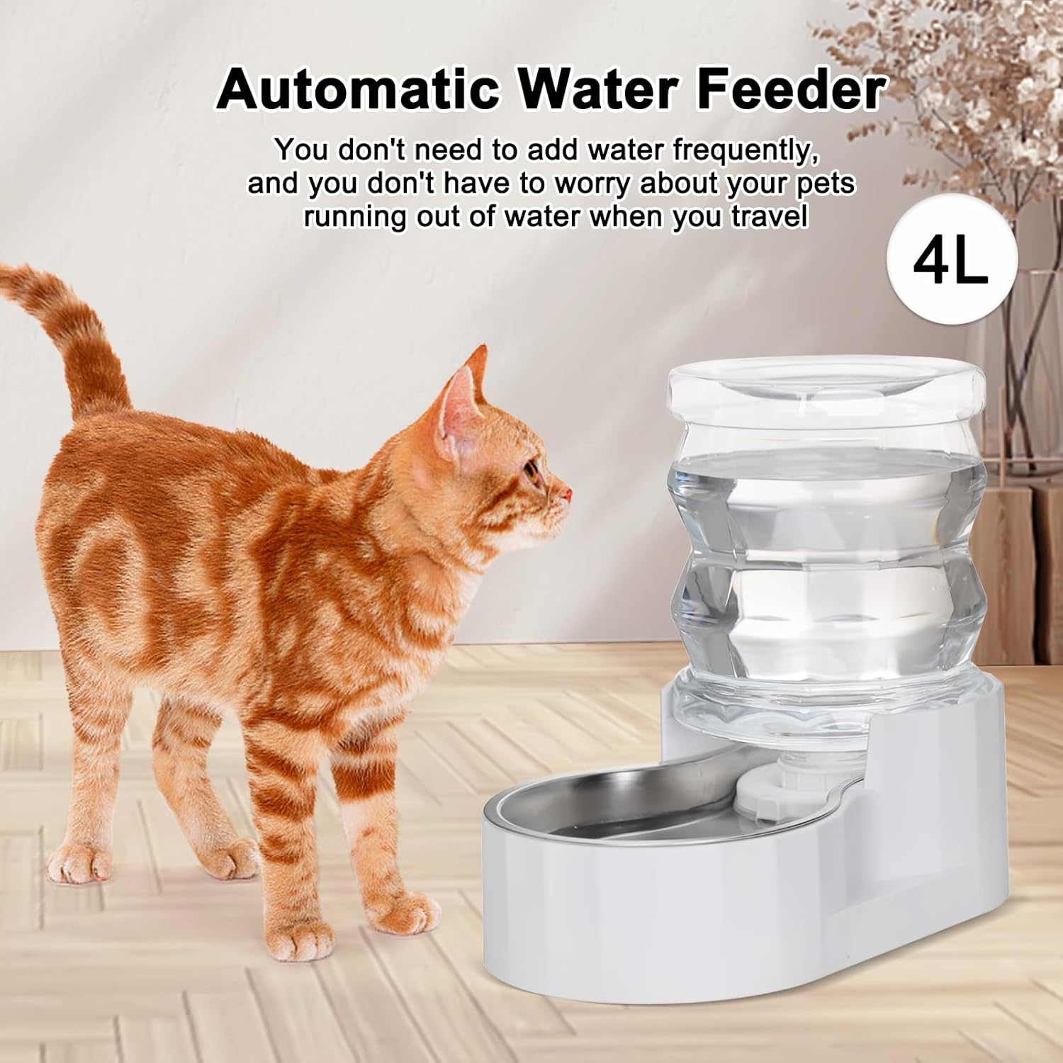 RIZZARI 4L Gravity Pet Water Dispenser with Stainless Steel Bowl – Activated Carbon & Ion Exchange Filter for Urinary Health, Automatic Flow, for Cats & Small Dogs in Apartments or Single-Pet Homes - Image 2