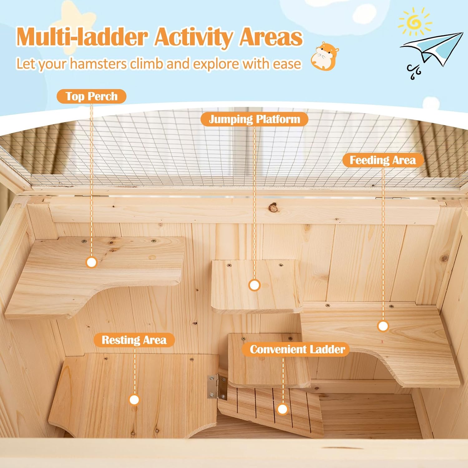 PETSITE 31.5 Inches Freestanding Wooden Hamster Cage, Chew-Proof 2-Layer Hamster House with Full Transparent Viewing, Flip-Top Roof, and Storage Shelf, Ideal for Dwarf Hamster and Gerbils - Image 6