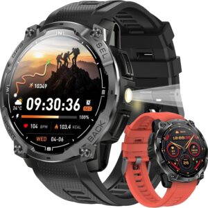 Rugged Military Smart Watch for Men with GPS, 1.43” AMOLED Fitness Tracker Watch with Bluetooth Call/Flashlight/Compass, 170+ Sports Modes Waterproof Mens Smartwatch for Android iPhone