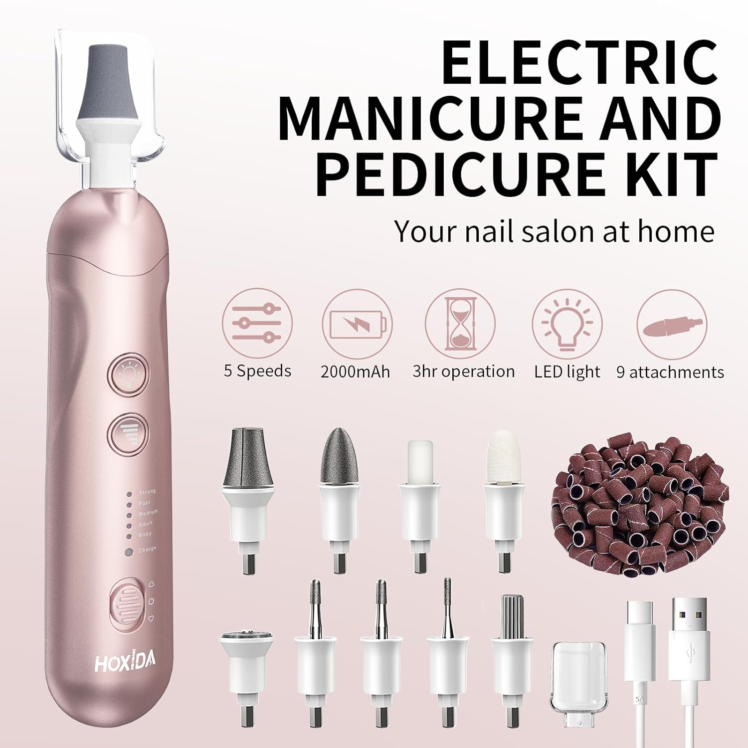 Manicure Pedicure Kit with Case, Professional Nail Grinder for Senior Thick Toenail, Cordless Electric Nail File, 5 Speeds Pedicure Tools for feet Callus Remover, Nail Drill for Women Hand Feet Care - Image 2