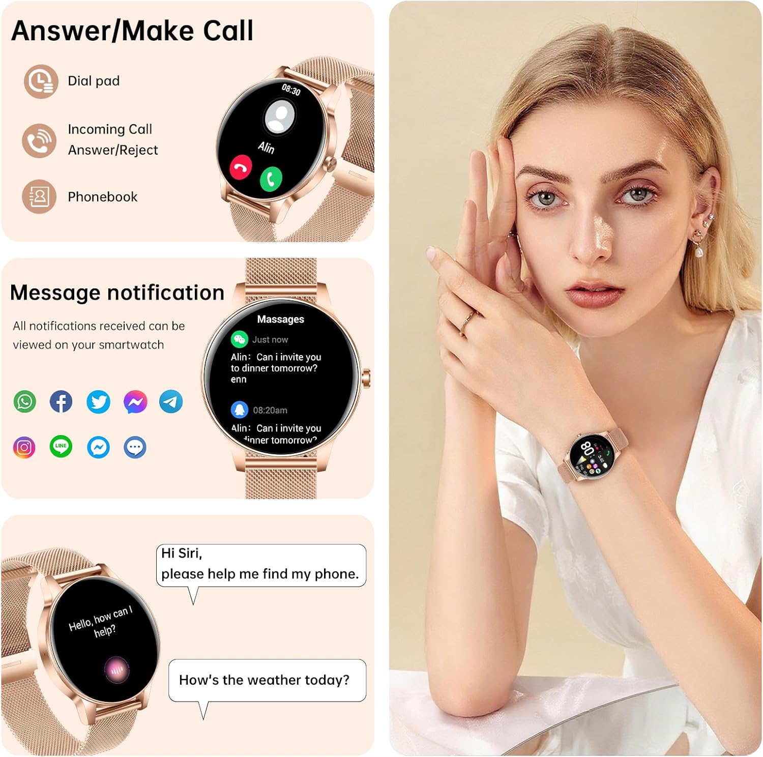 Smart Watch for Women(Answer/Make Calls), 1.27" HD Screen Fitness Tracker with Heart Rate/Sleep Monitor, 130+ Sport Modes IP68 Waterproof Activity Tracking, Smartwatch for Android Phones iPhone - Image 3