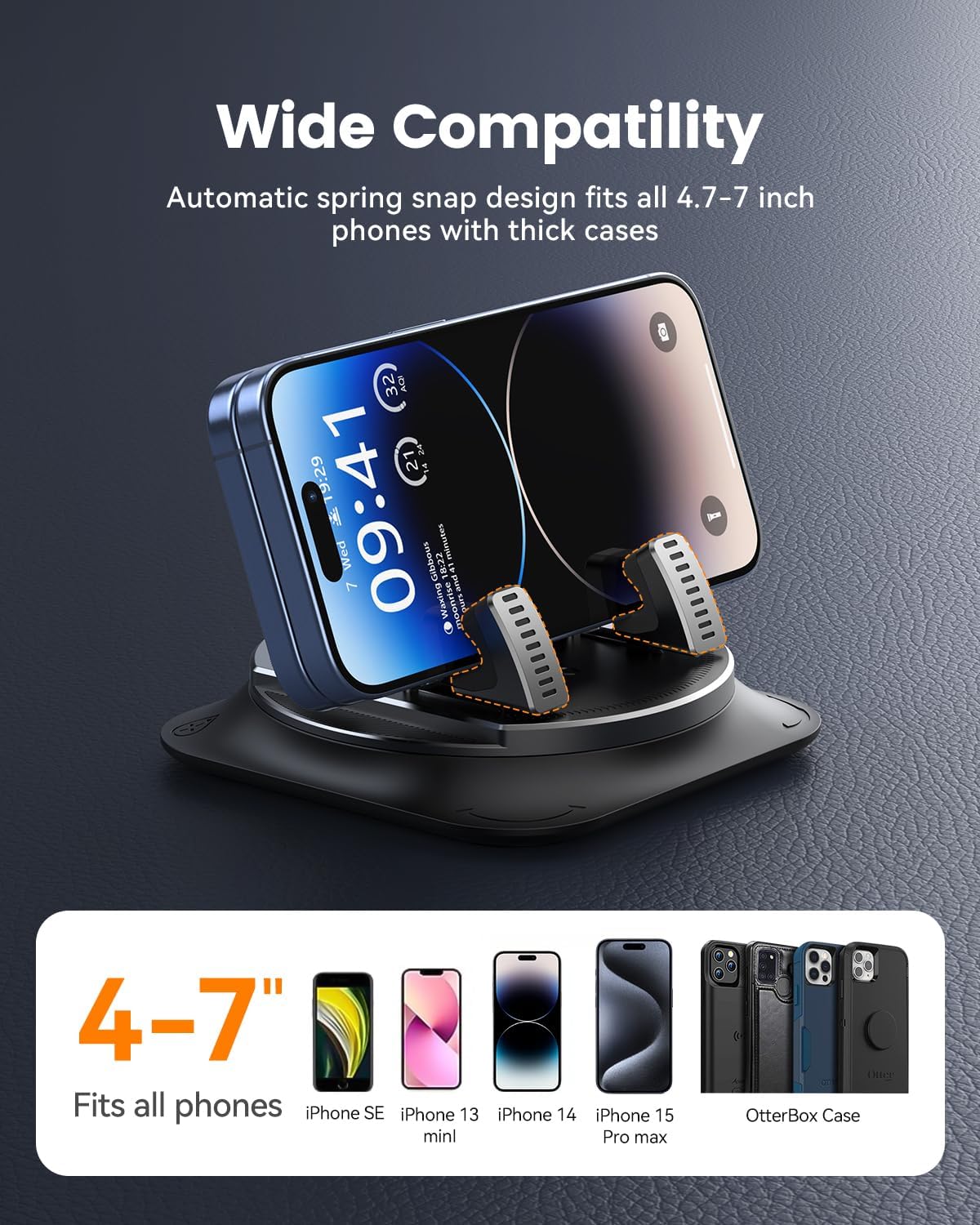 360 Degree Rotation Dashboard Phone Holder for Car, Anti-Slip Grips & One-Hand Operation Car Cell Phone Mount with Adjustable Spring Clip, Compatible with iPhone Samsung All Smartphones - Image 6