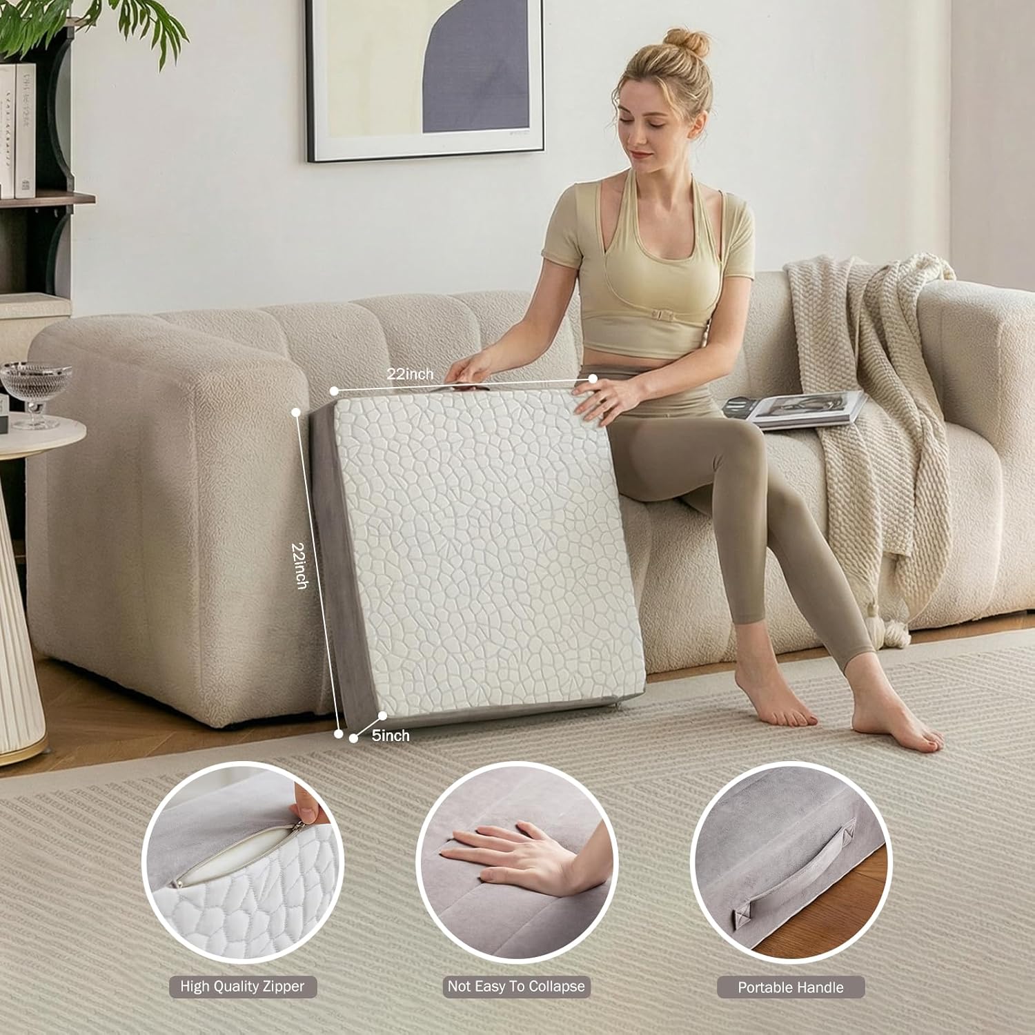 22" Large Floor Pillow for Adults, Thick Foam Meditation Cushion, Square Yoga Floor Seat Pillow with Soft Tufted Cover for Indoor & Outdoor Sitting – Grey - Image 4