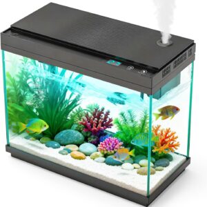 Smart Aquarium Fish Tank with Silent Water Pump, 2.4 Gallon Small Aquarium with Quick Start Kit, Temperature Display, Humidifier and RGB Lights, Perfect for Home, Office, and Decor, Black