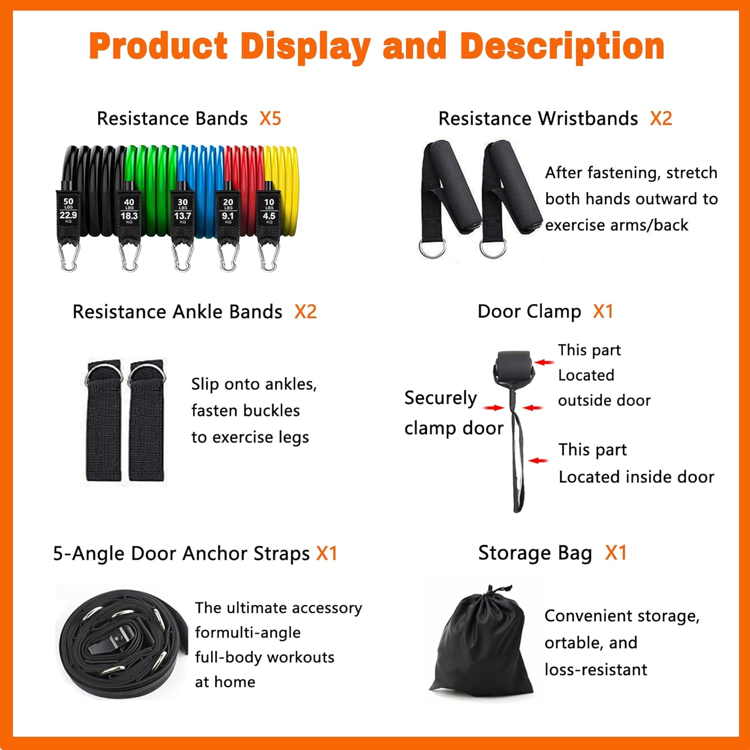 Resistance Bands Set with Door Anchor Training System, 5 Colors Stackable up to 150LBS, Includes 5-Angle Door Training Tool, Home Full Body Workout Bands, Handles, Ankle Straps, Portable Bag - Image 3