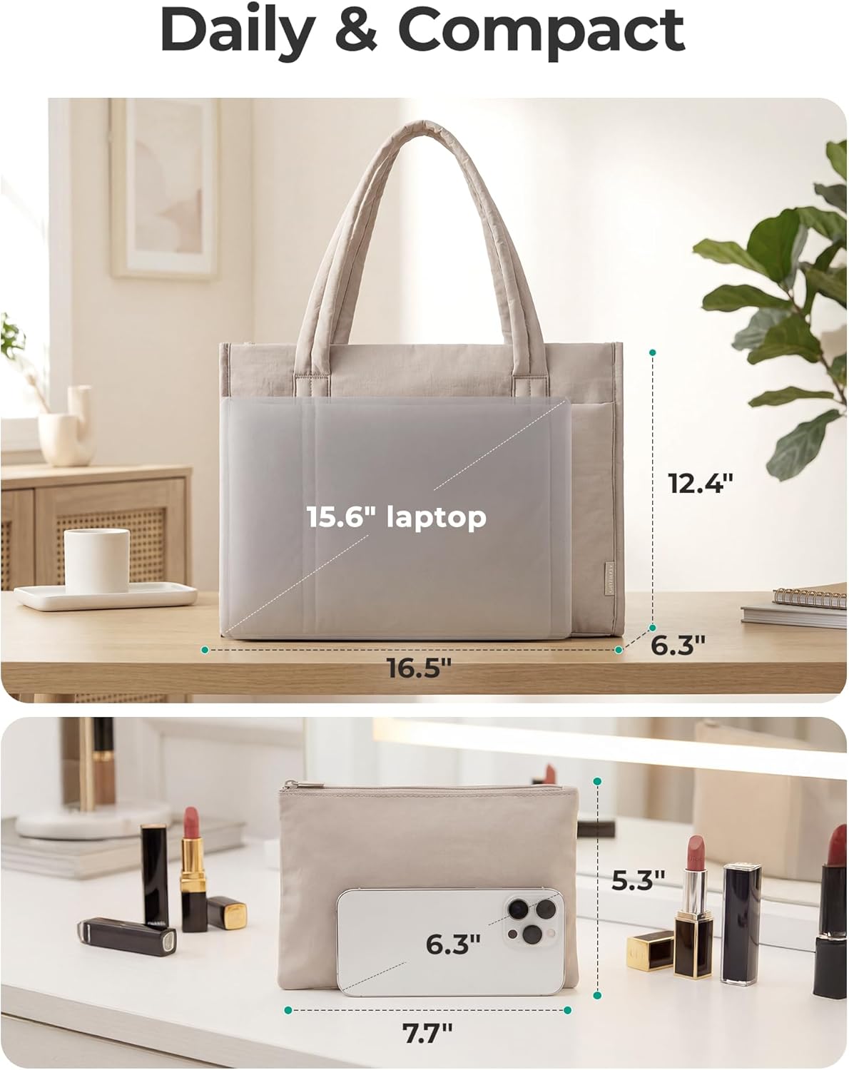 BAGSMART Tote Bag for Women, 2Pc Puffer Tote Bag with Zipper, Quilted Work Tote Teacher Bag Shoulder Handbag | Beach Tote, Diaper Bag Tote, for Travel, Gym, Lightweight, Fit 15.6" Laptop, 21L Medium Tote - Image 4