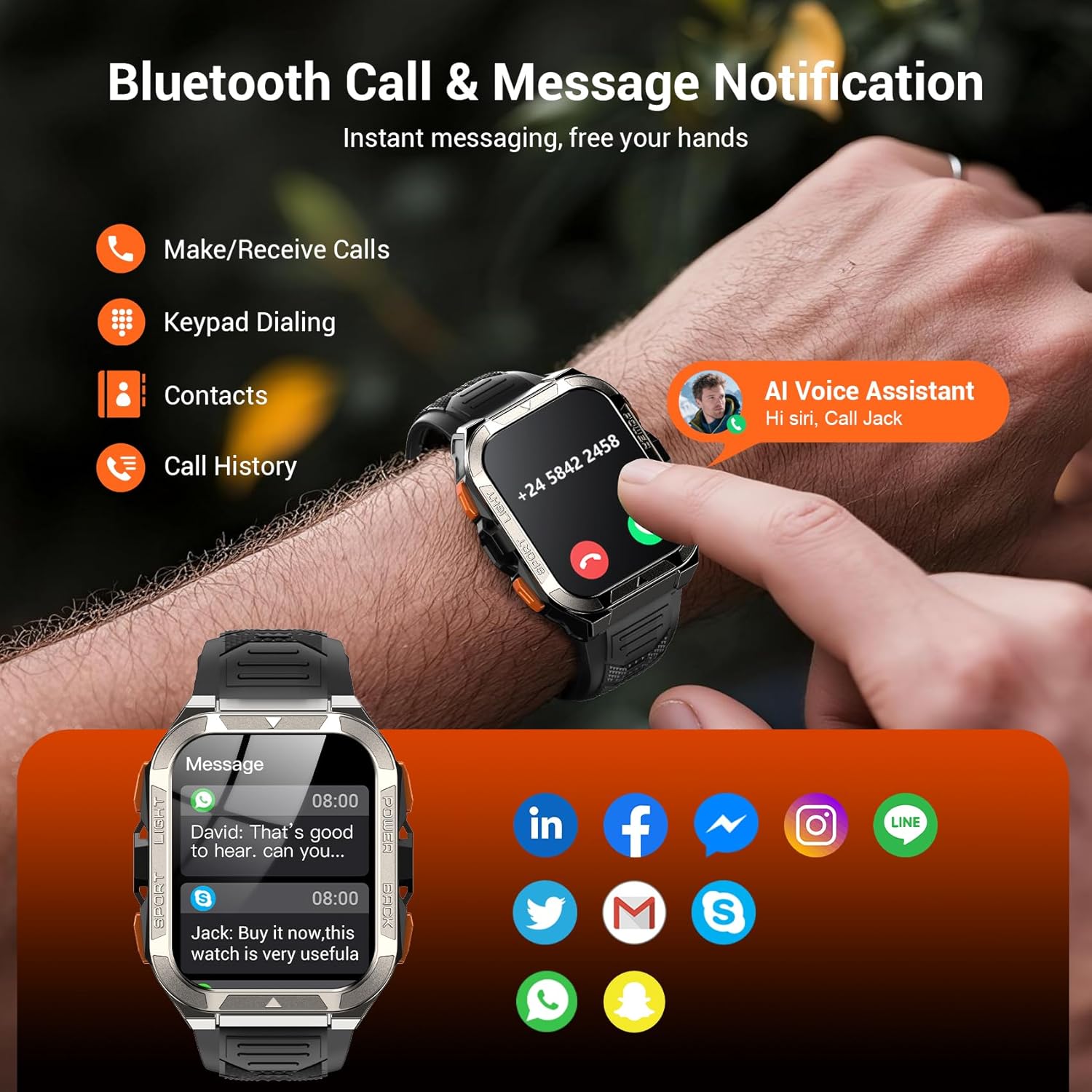 Military Smart Watches for Men (Answer/Make Calls),1.91"Fitness Smart Watch for Android and iPhone, GPS Fitness Trackers Watch with Flashlight/Heart Rate/Sleep/100+ Sport Modes/AI, Mens New Year Gift - Image 5