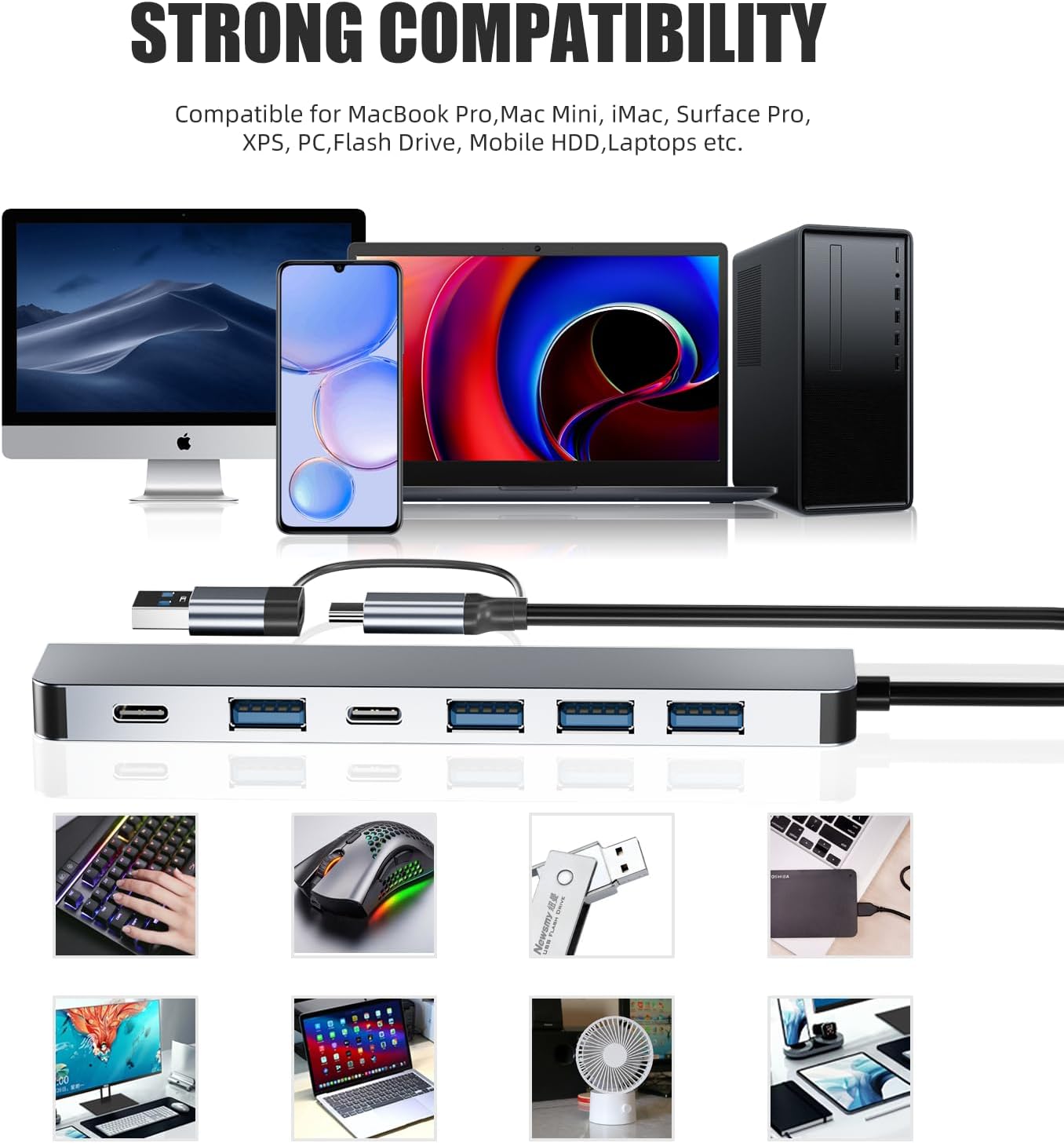 【Upgrade】 USB C/USB Hub, BERLAT Aluminum 7 in 1 USB C & USB Hub with USB 3.0, USB 2.0 Ports for PC/Laptops/MacBook Pro/Air/iMac/iPad and More Devices - Image 7