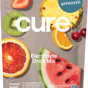 Cure Hydration | Plant-Based Electrolyte Drink Mix | No Added Sugar | FSA-HSA | Dehydration Relief Powder Made with Coconut Water | Non-GMO | Vegan | 8 Packets – Tropical Variety Pack