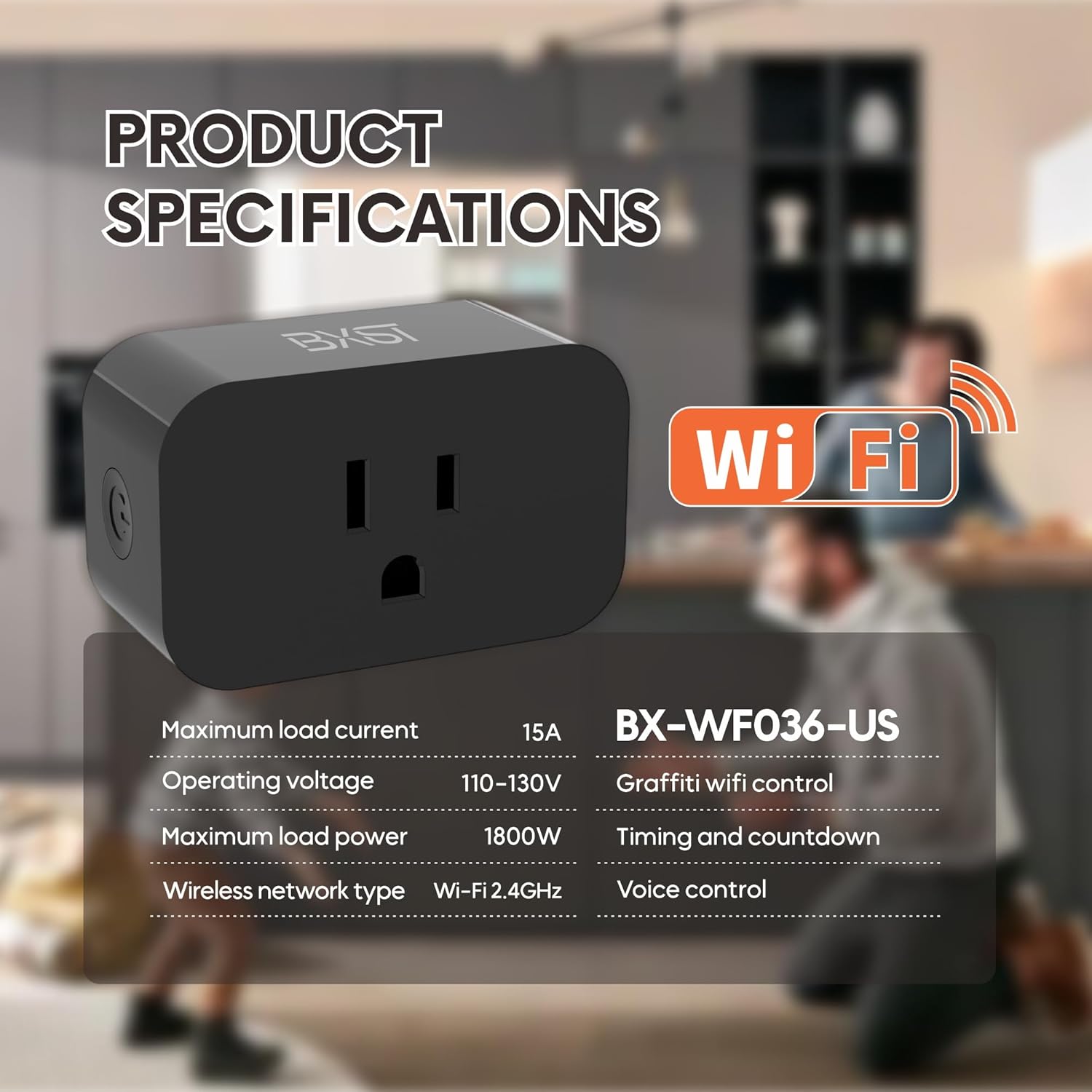BXST WiFi Smart Plug 15A 1800W, Smart Outlet with Timer & Countdown, Voice Control with Alexa & Google Home, 2.4GHz WiFi Socket for Home Appliances, No Hub Required, CE FCC Listed, 1 Pack, Black - Image 2