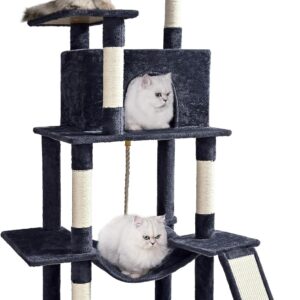 ABCPET Cat Tree Tower 63in Multi-Level Cat Tower for Indoor Cats with Sisal Scratching Posts, Condo, Hammock, Dangling Ball and Extended Platform for Cats to Play, Dark Grey