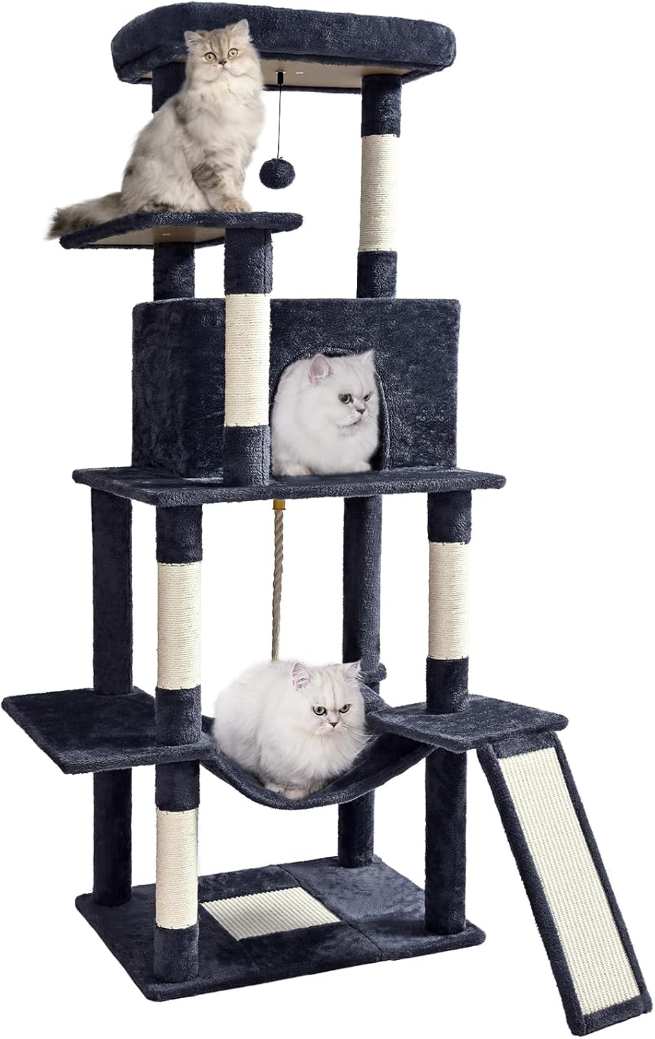 ABCPET Cat Tree Tower 63in Multi-Level Cat Tower for Indoor Cats with Sisal Scratching Posts, Condo, Hammock, Dangling Ball and Extended Platform for Cats to Play, Dark Grey