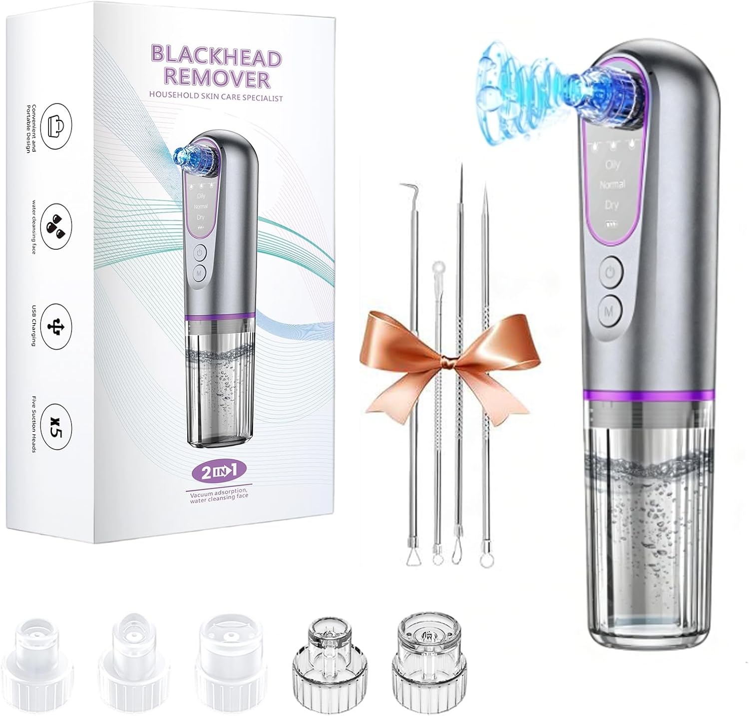 Blackhead Remover Suction Pore with Pore Vacuum Blackhead Remover Kit,5 Suction Heads & USB Charging Cable,Pimple Extractor,Pore Cleaner Machine for Facial Pore Cleansing for Women & Men