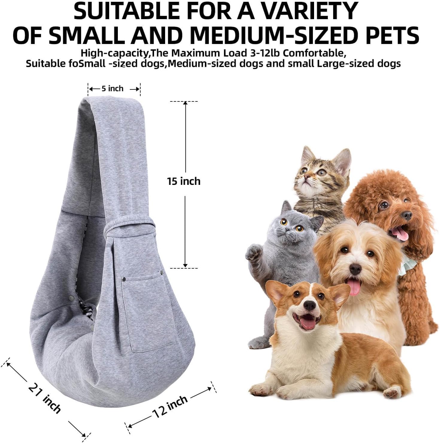 Dog Carrier Sling - Reversible Puppy Carrier Purse with Storage Pocket, Hand-Free Dog Sling Carrier for Carry Small Dogs and Cats, Travel Safety Harness, Dog and Cat Harness (Gray) - Image 5