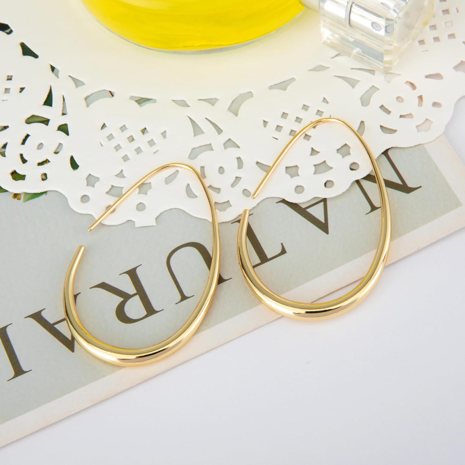 Lightweight Teardrop Hoop Earrings for Women - 14k Gold/White Gold Plated Large Oval Pull Through Hoop Earrings High Polished Statement Jewelry Gift for Women - Image 3