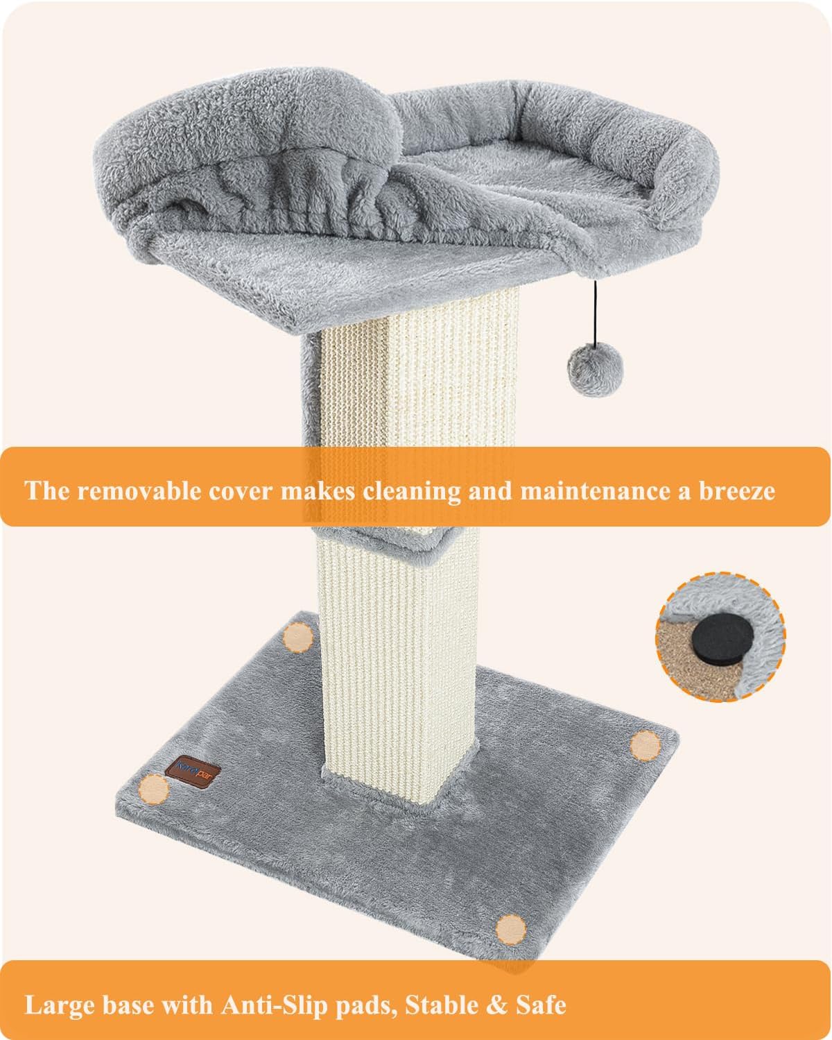 Karolpar 32" Cat Scratching Post for Indoor Cats, Sisal Cat Scratcher with Plush Perch, Large Scratch Post with Bed, Removable Cover, Sisal Fabric,Light Grey - Image 5