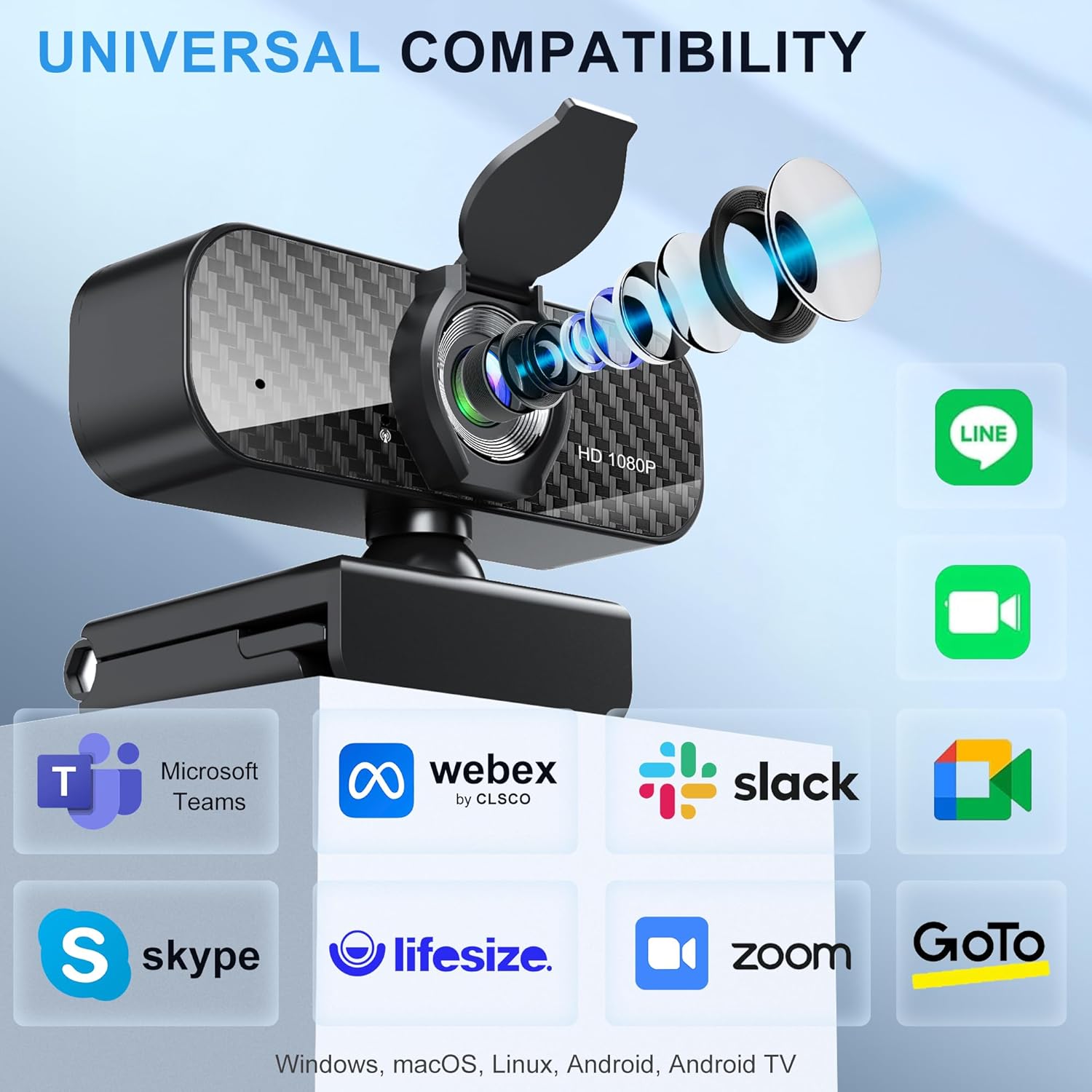 Webcam Full HD 1080P with Built-in Microphone and Rotatable Tripod, Carbon Fiber Board and Privacy Cover, Auto Light Correction, Adjustable FOV, Plug&Play for Zoom/Skype/Facetime/YouTube, Laptop/PC - Image 7