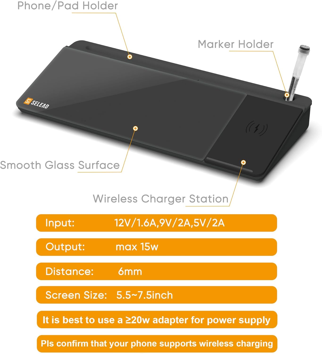 SELEAD Desktop Glass Whiteboard with Wireless Charger Station, Dry Erase Board Computer Pad Keyboard Stand with Organizer for Home, School, Office Desk Accessories, Black - Image 5