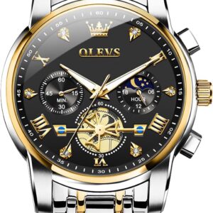 OLEVS Men Watches Stainless Steel Chronograph Watch, Large Wrist Analog Quartz Watch, Fashion Waterproof Diamond Roman Numerals Dress Watches for Men, Gold/Black/White/Blue/Grey Dial