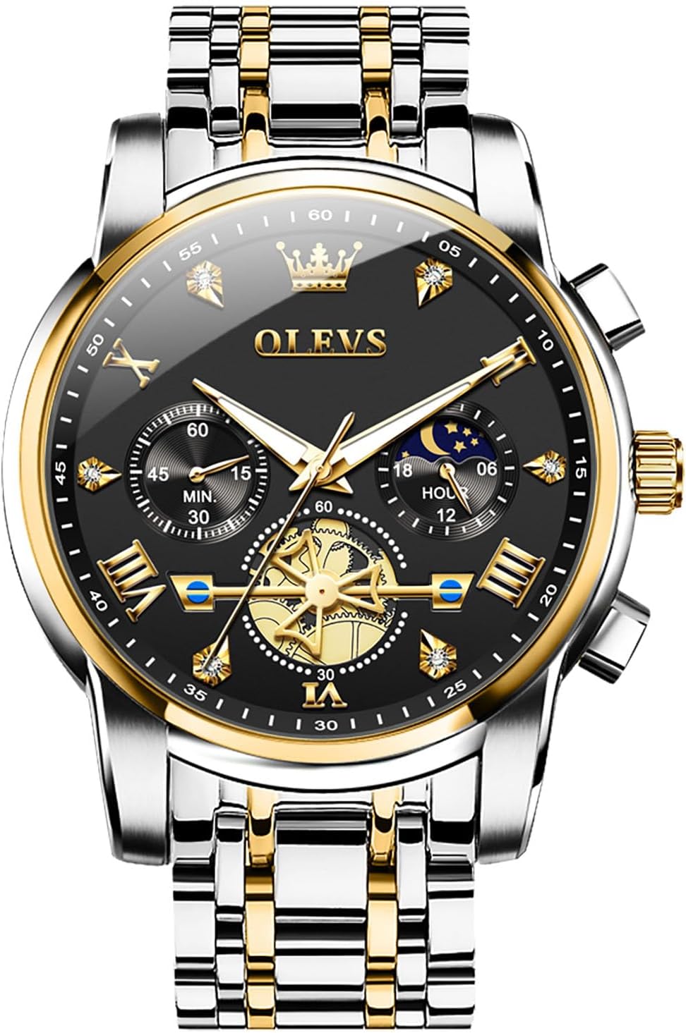 OLEVS Men Watches Stainless Steel Chronograph Watch, Large Wrist Analog Quartz Watch, Fashion Waterproof Diamond Roman Numerals Dress Watches for Men, Gold/Black/White/Blue/Grey Dial