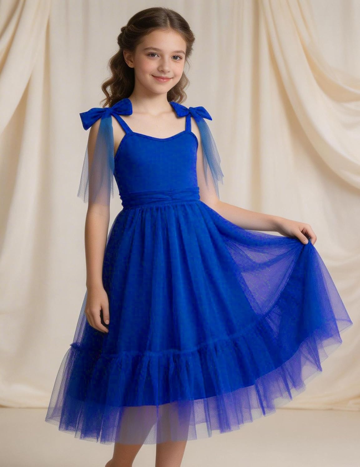 Arshiner Girls Dresses Summer Sleeveless Bow-Tie Straps Birthday Party Long Tulle Dress - Image 3