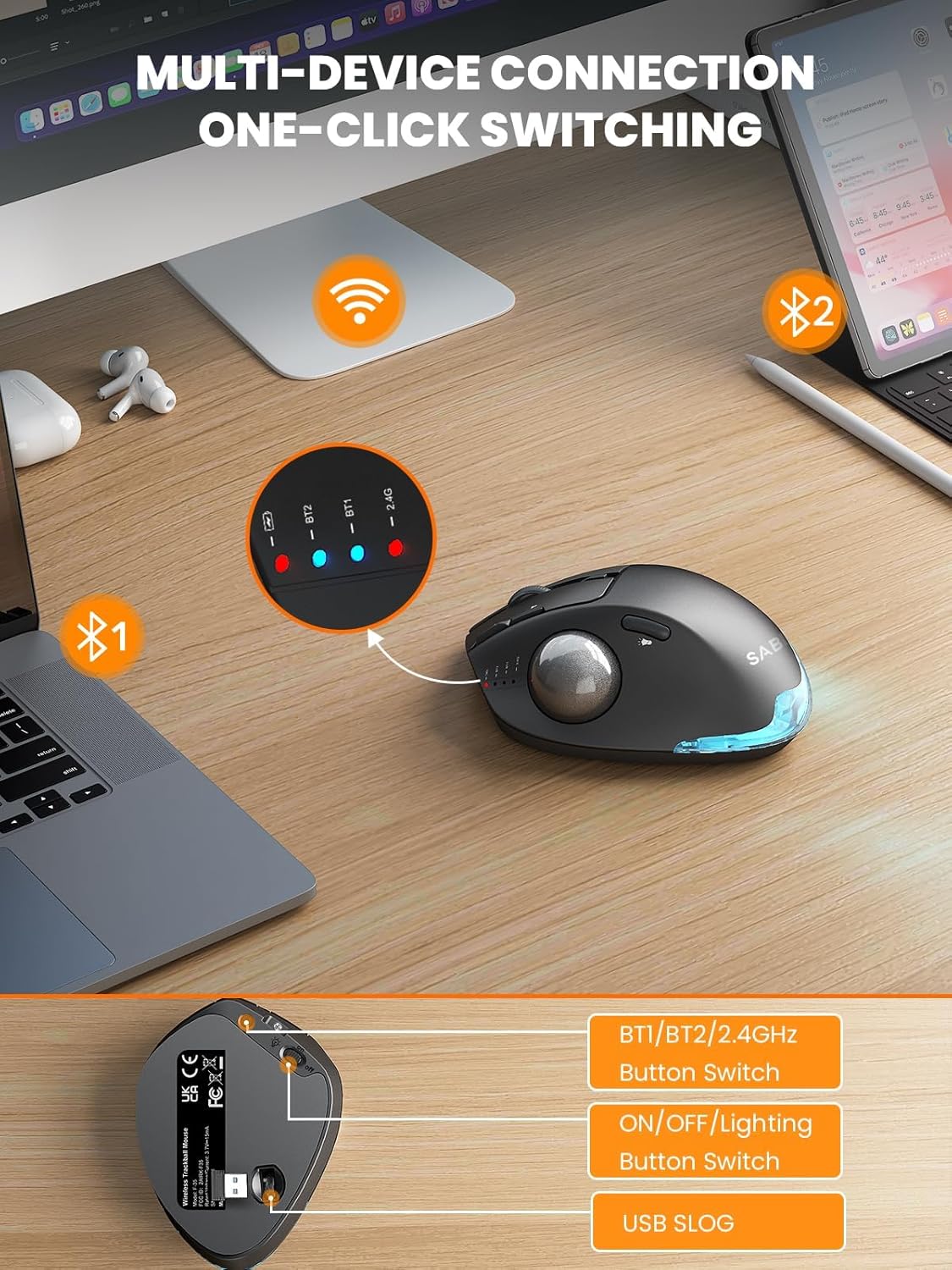 SABLUTE MAM1 Pro Ergonomic Wireless Trackball Mouse, Adjustable 0°/18° Angle, Thumb Control, Quiet Clicks, 3 Multi-Device Bluetooth & USB Receiver, Rechargeable Mouse for Office, Windows Mac - Image 4