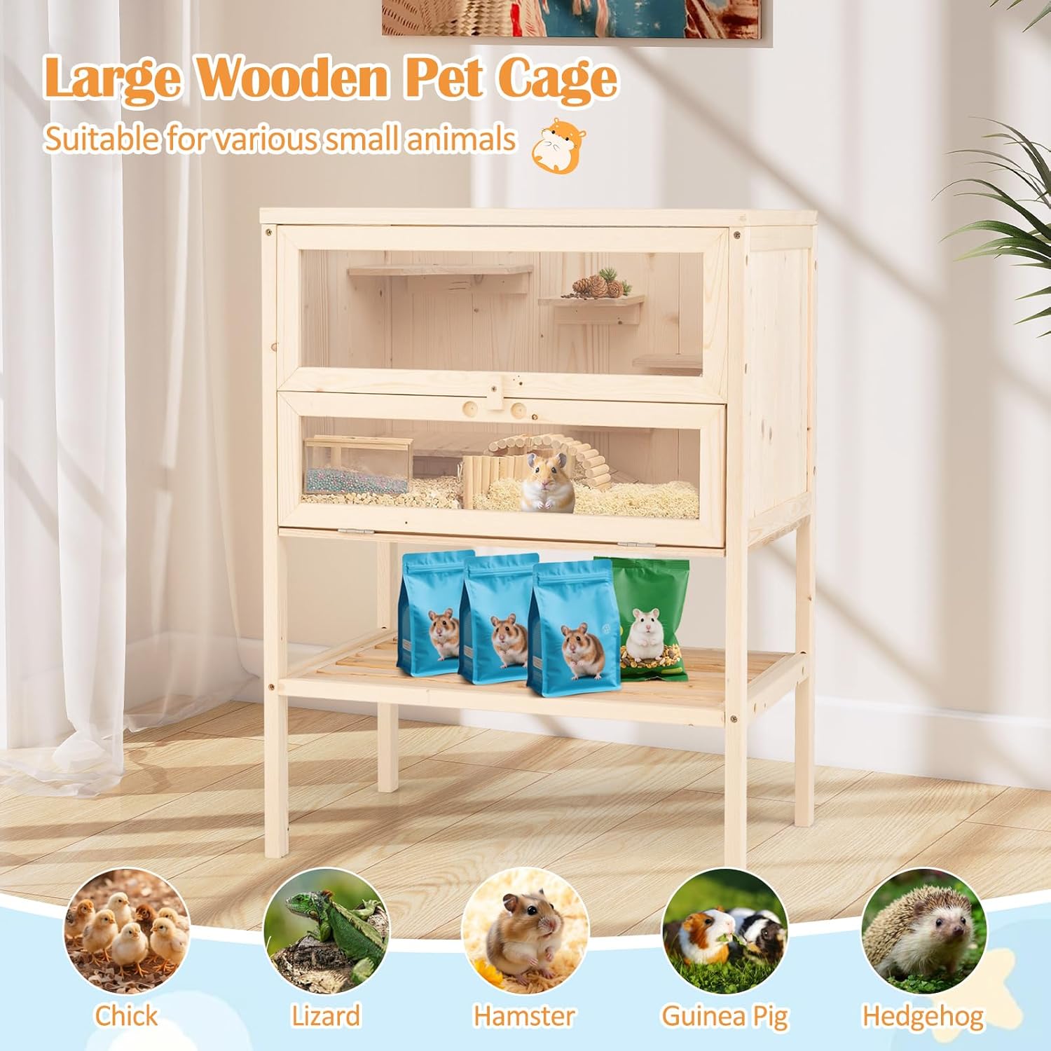 PETSITE 31.5 Inches Freestanding Wooden Hamster Cage, Chew-Proof 2-Layer Hamster House with Full Transparent Viewing, Flip-Top Roof, and Storage Shelf, Ideal for Dwarf Hamster and Gerbils - Image 9