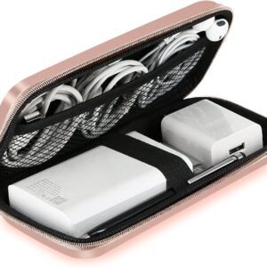 iMangoo Travel Essential Electronics Organizer Pouch Charger Case, Shockproof Dual Zipper Power Bank Cables Tech Accessories Purse, Men & Women Travel Must Have Storage Bag, 6.5×3.2×1 inch Rose Gold