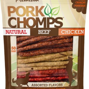Pork Chomps Dog Chews, 5 Inch Munchy Sticks, 50 Count – Assorted Flavors: Roasted Pork, Chicken, & Bacon – Long-Lasting Treats for Dogs – High Protein, Low Fat, Healthy & Delicious Chews (1 Pack)