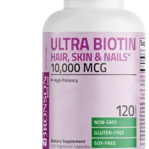 Bronson Ultra Biotin 10,000 Mcg Hair Skin and Nails Supplement, Non-GMO, 120 Vegetarian Capsules