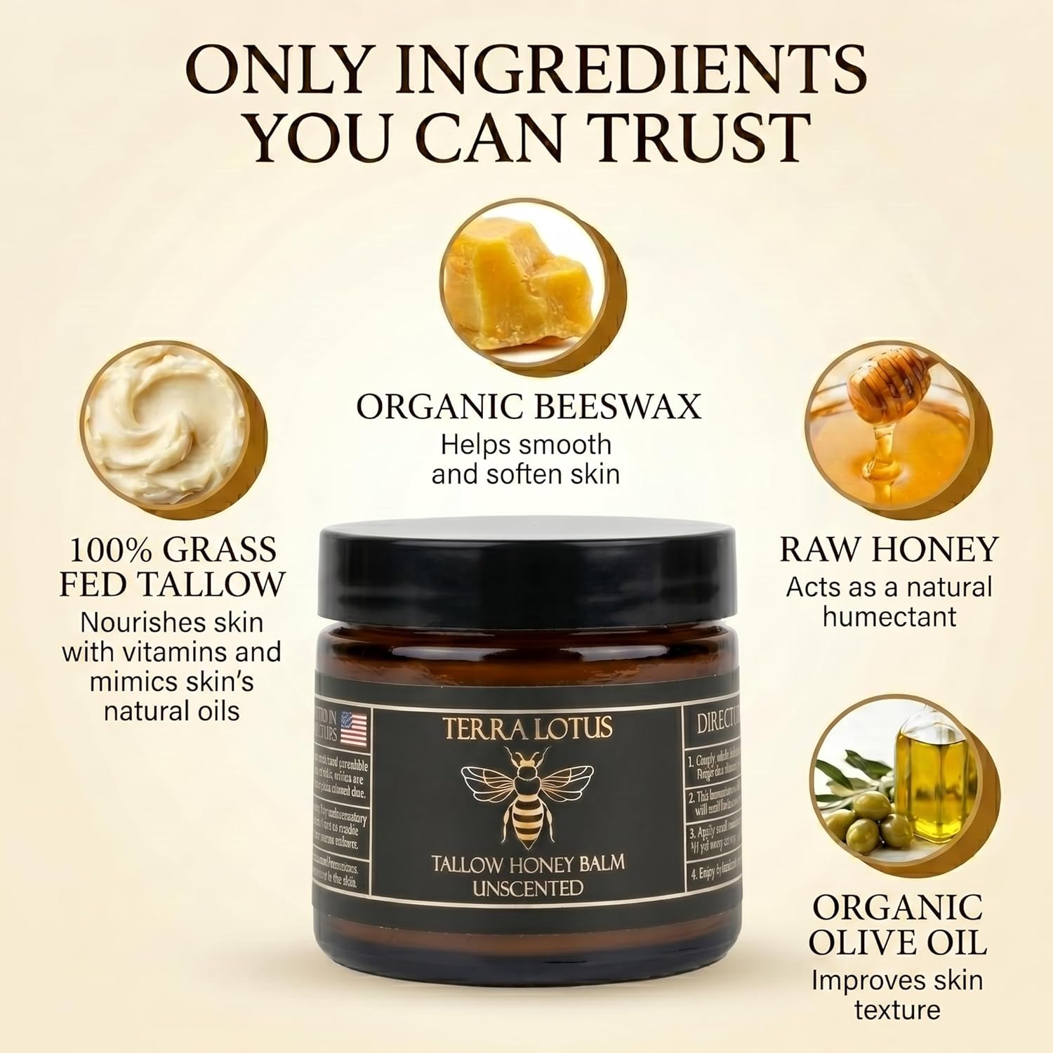 Terra Lotus - Organic Grass-Fed Beef Tallow Balm with Raw Honey - Moisturizing Cream for Soft, Smooth Skin - Handmade All-Natural Moisturizer (2 Oz, Unscented) - Image 2