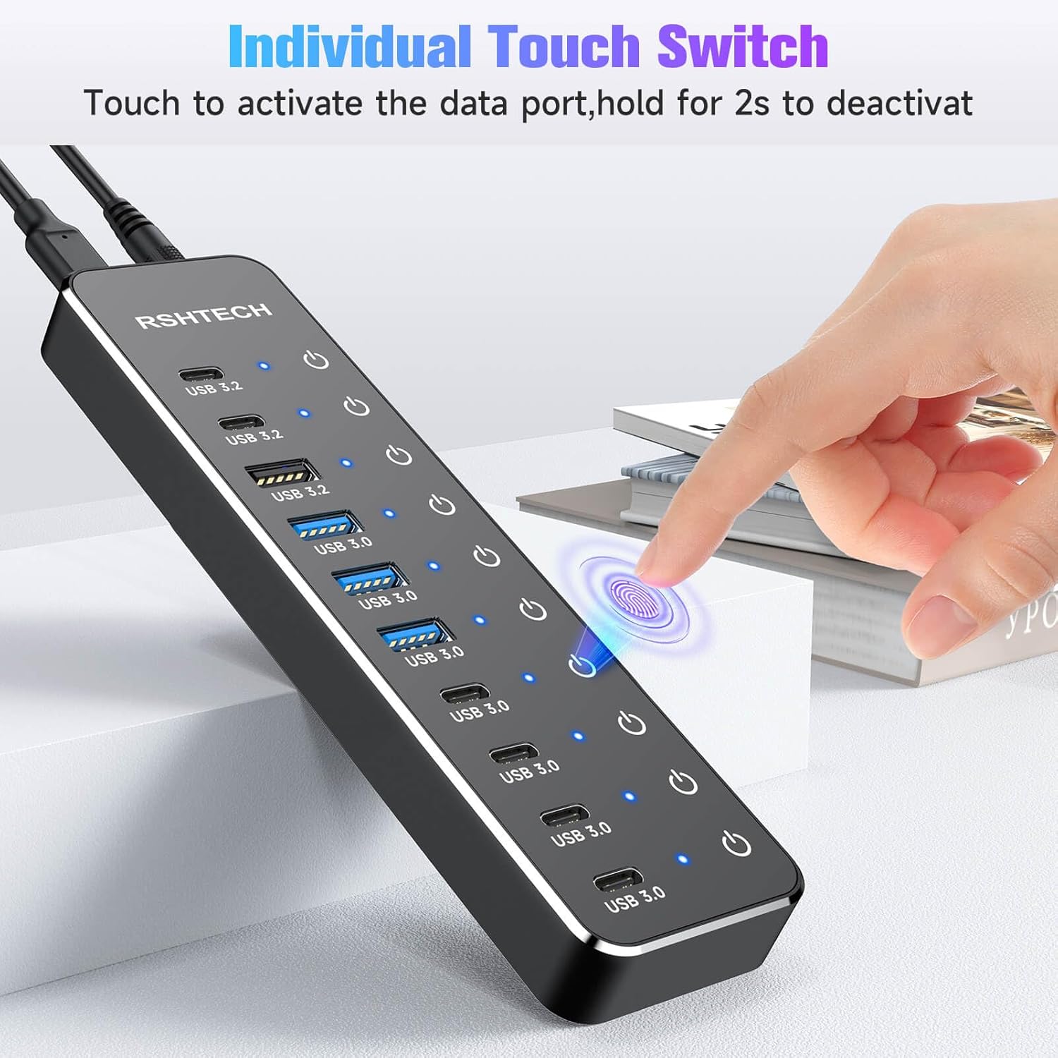 RSHTECH 10 Ports Powered USB 3.2/USB C Hub Splitter 60W with 3 x 10Gbps USB 3.2 Ports (2C + 1A),7 x USB 3.0 Ports (4C + 3A), 3.3ft Cable and Individual Touch Switches for Laptop PC - Image 7
