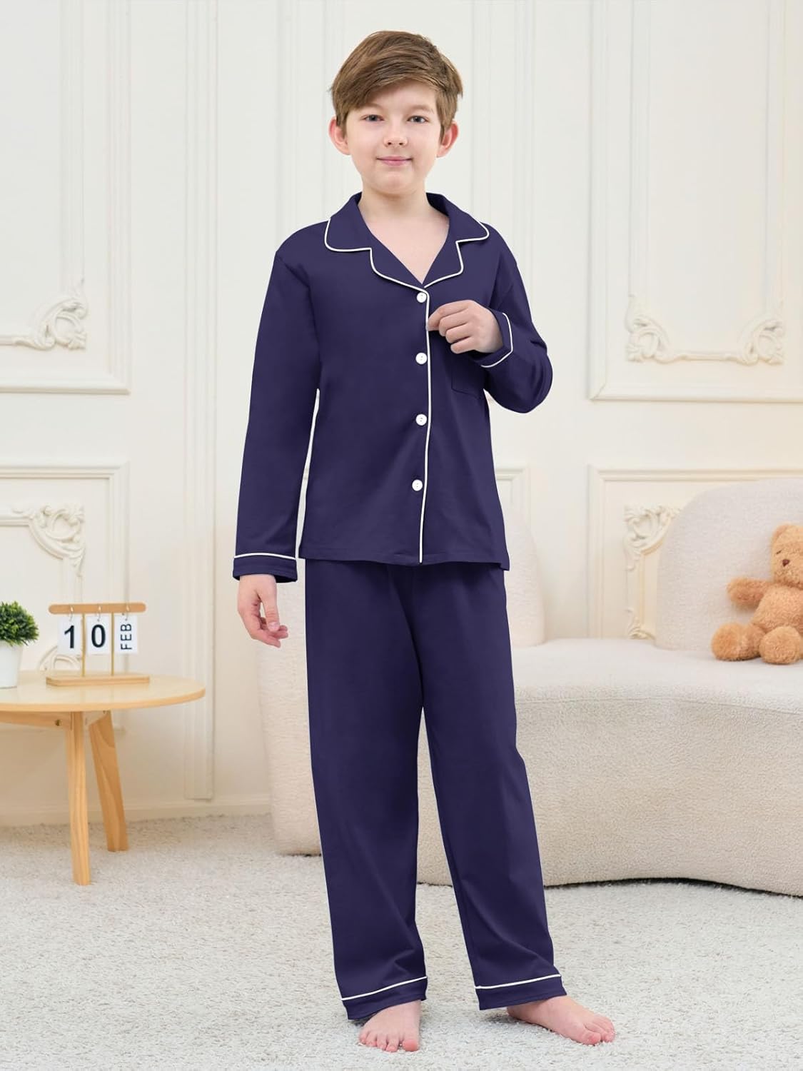 QZH.DUAO Boys Pajamas Set Kids Soft Long Sleeve Top and Pants Sleepwear 2 Pcs Button-Up Comfy Pjs Set for Ages 4-14 - Image 3