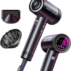 High-Speed Ionic Hair Dryer with Diffuser, Professional LCD Display Thermo-Control Blow Dryer, 1500W Fast Dry, 500 Million Negative Hairdryer, Low Noise, Lightweight for Travel Home Salon