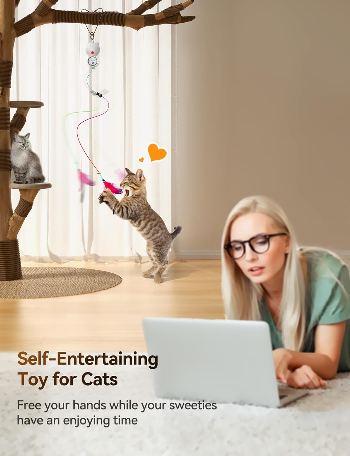 FEELNEEDY Laser Interactive Cat Toys, LED Light, 8 PCS Replacement Teaser with Bell Refills, Feather & Mouse Cats Toy, Hanging Cat Toys for Indoor Cats, for Bored Adult Kitten Exercise, Silver - Image 5