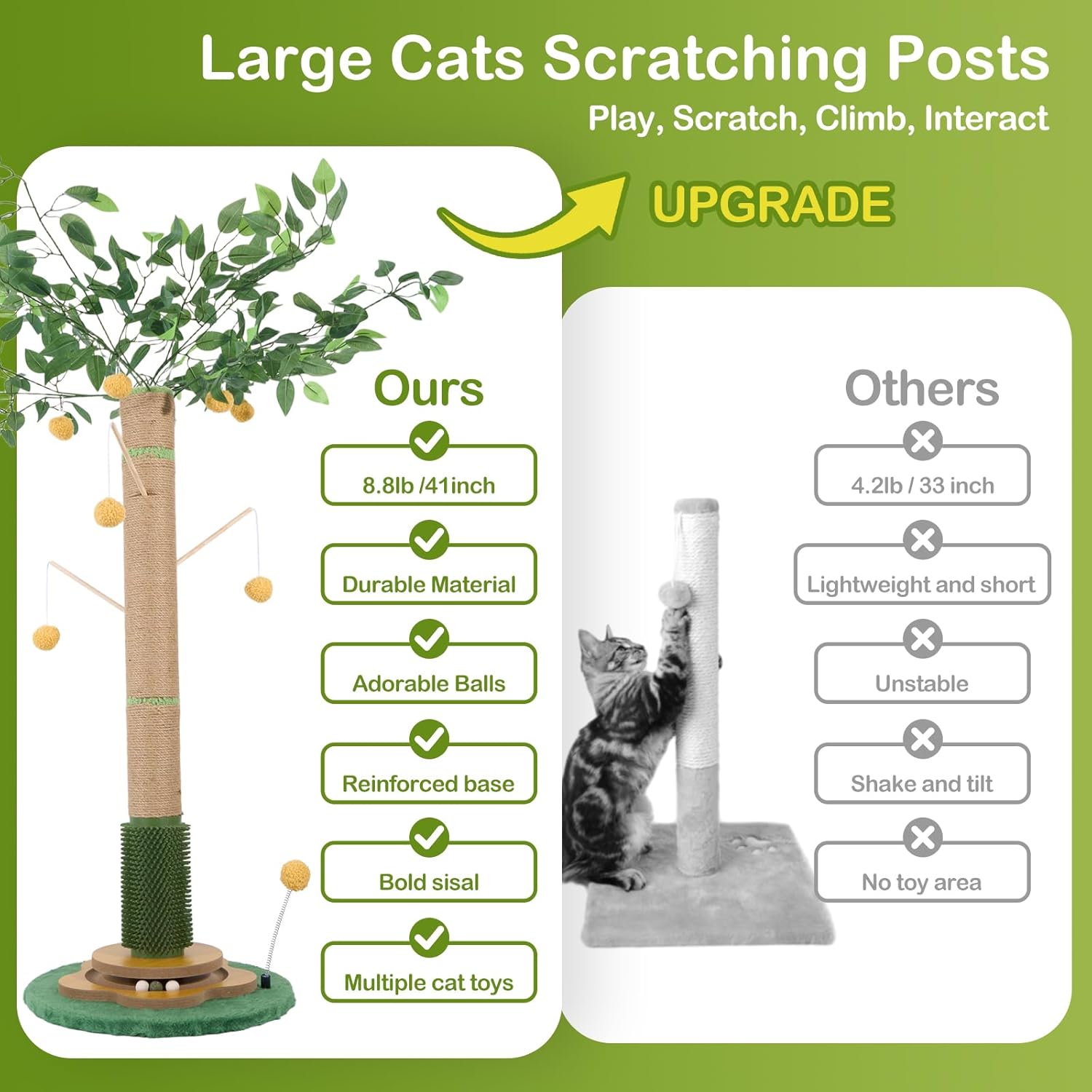 Tall Cat Scratching Post 51 Inch, Cat Scratching Post for Indoor Cats Adults, Sisal Cat Scratcher with Heavy Duty Stable Base & Hanging Toys & Self Grooming Brush for Kittens Medium Large Cats - Image 6